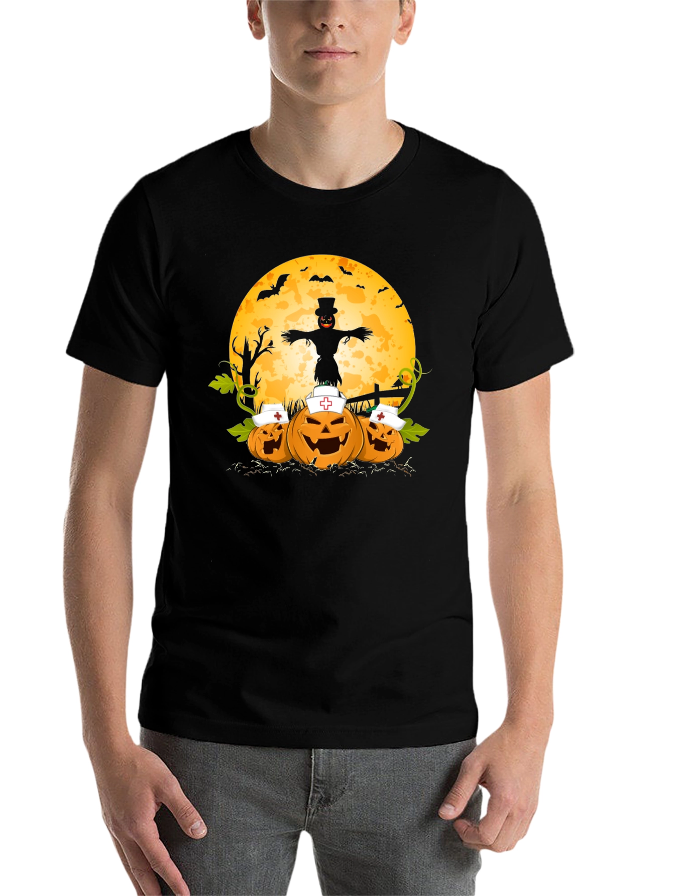 Black Halloween Nurse Pumpkins T-Shirt view 7