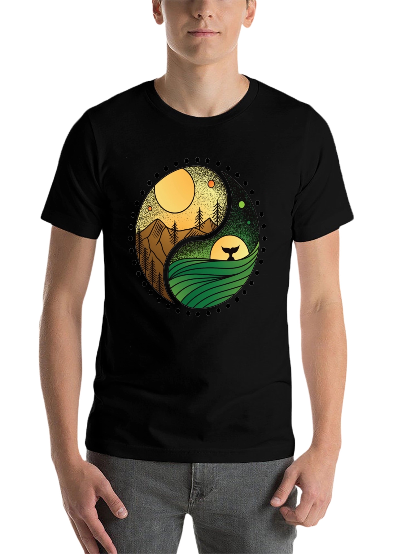 Black Yin Yang Nature T-Shirt - Mountain & Ocean Design view 7