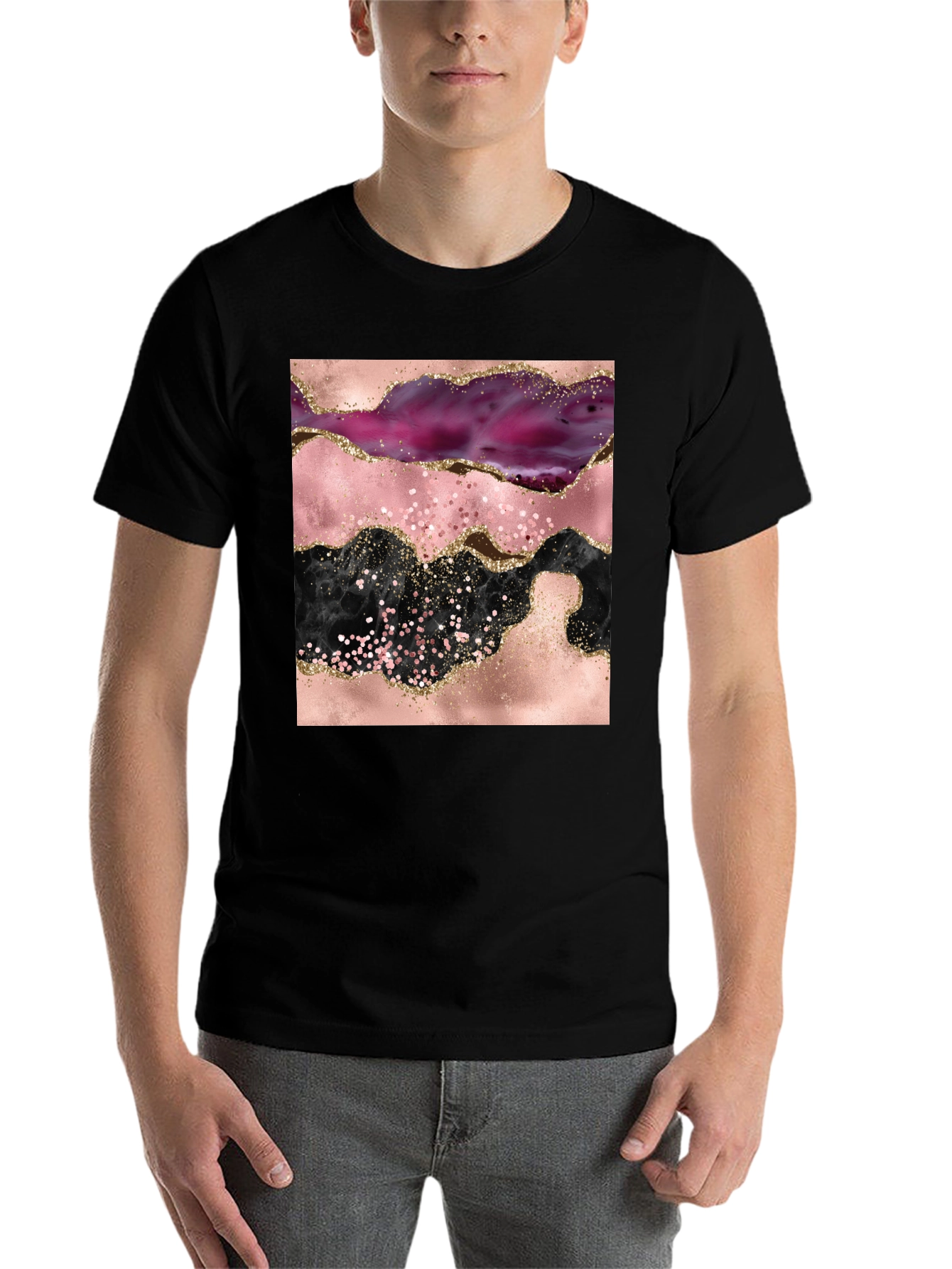 Black Abstract Geode Print Black Crew Neck T-Shirt view 7