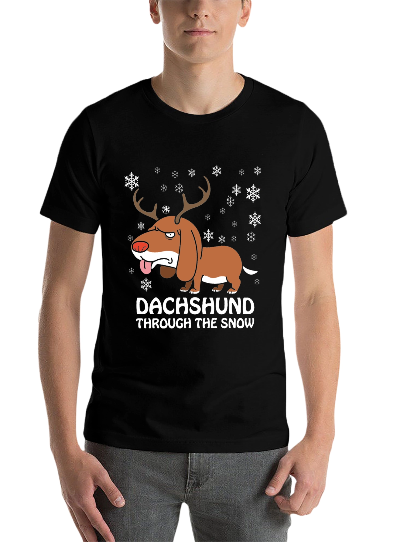 Black Dachshund Through the Snow Holiday T-Shirt view 7