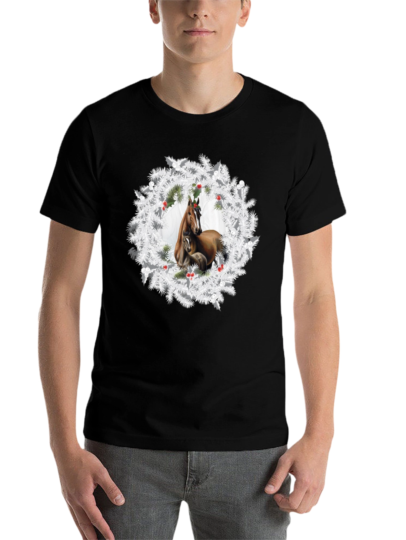 Black Horse Wreath T-Shirt - Christmas Apparel view 7