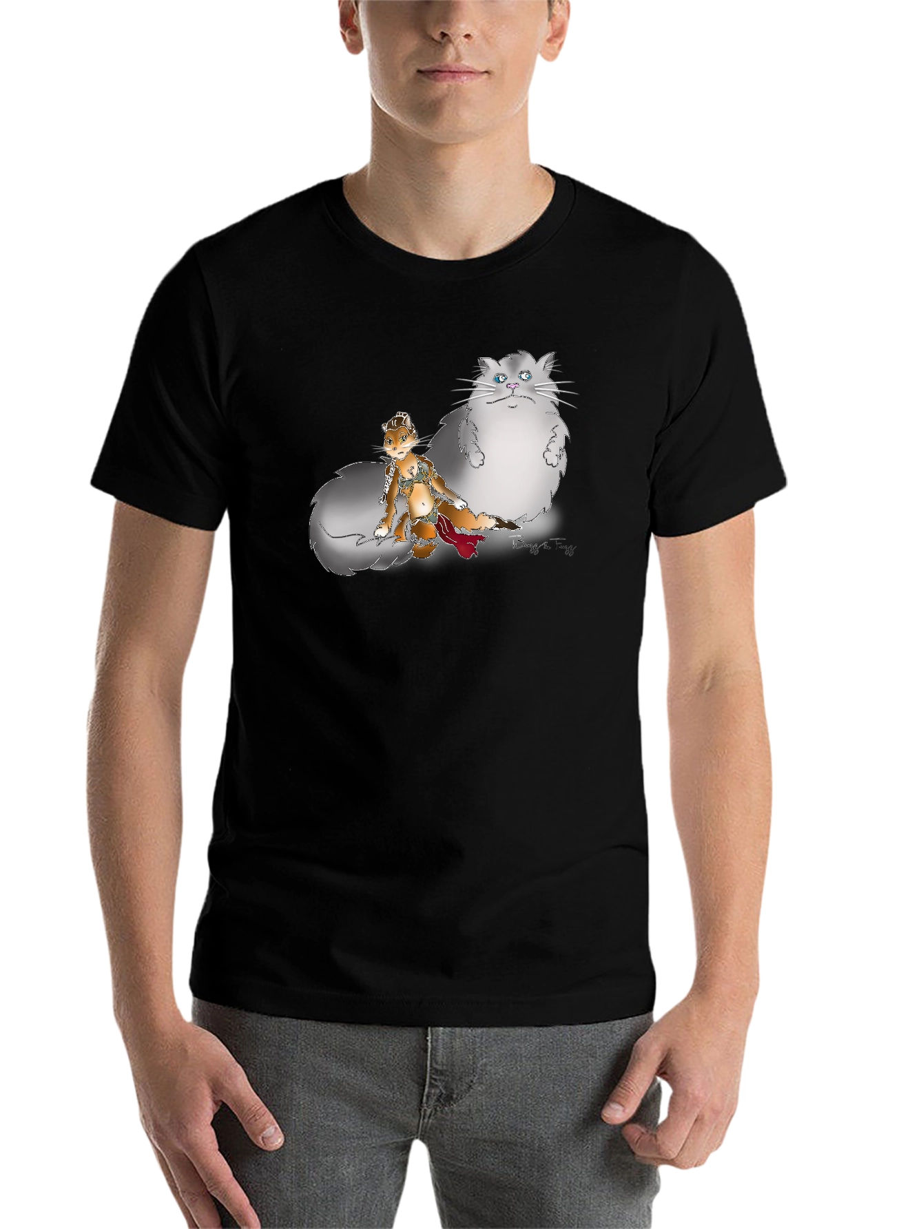 Black Graphic Print T-Shirt - Cat and Squirrel Design view 7