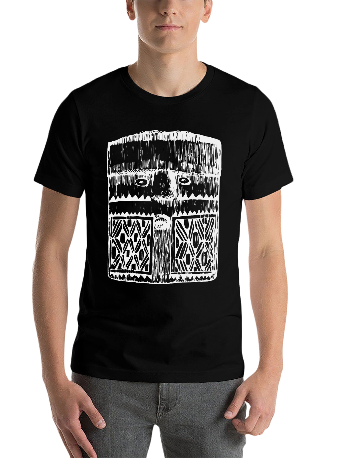 Black Tribal Mask Graphic Tee - Modern Streetwear Shirt view 7