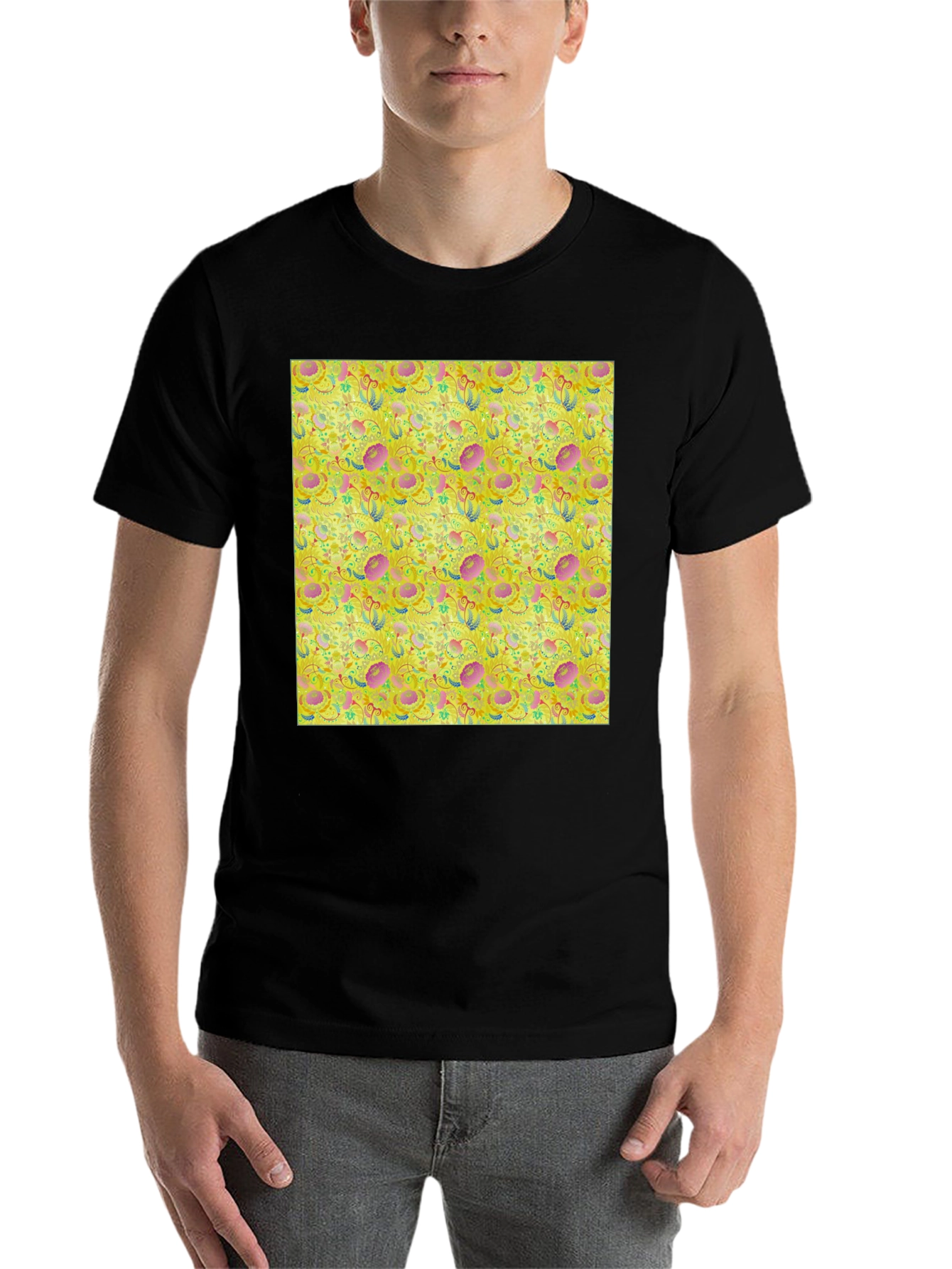 Black Floral Pattern T-Shirt - Funky Yellow Graphic Tee view 7