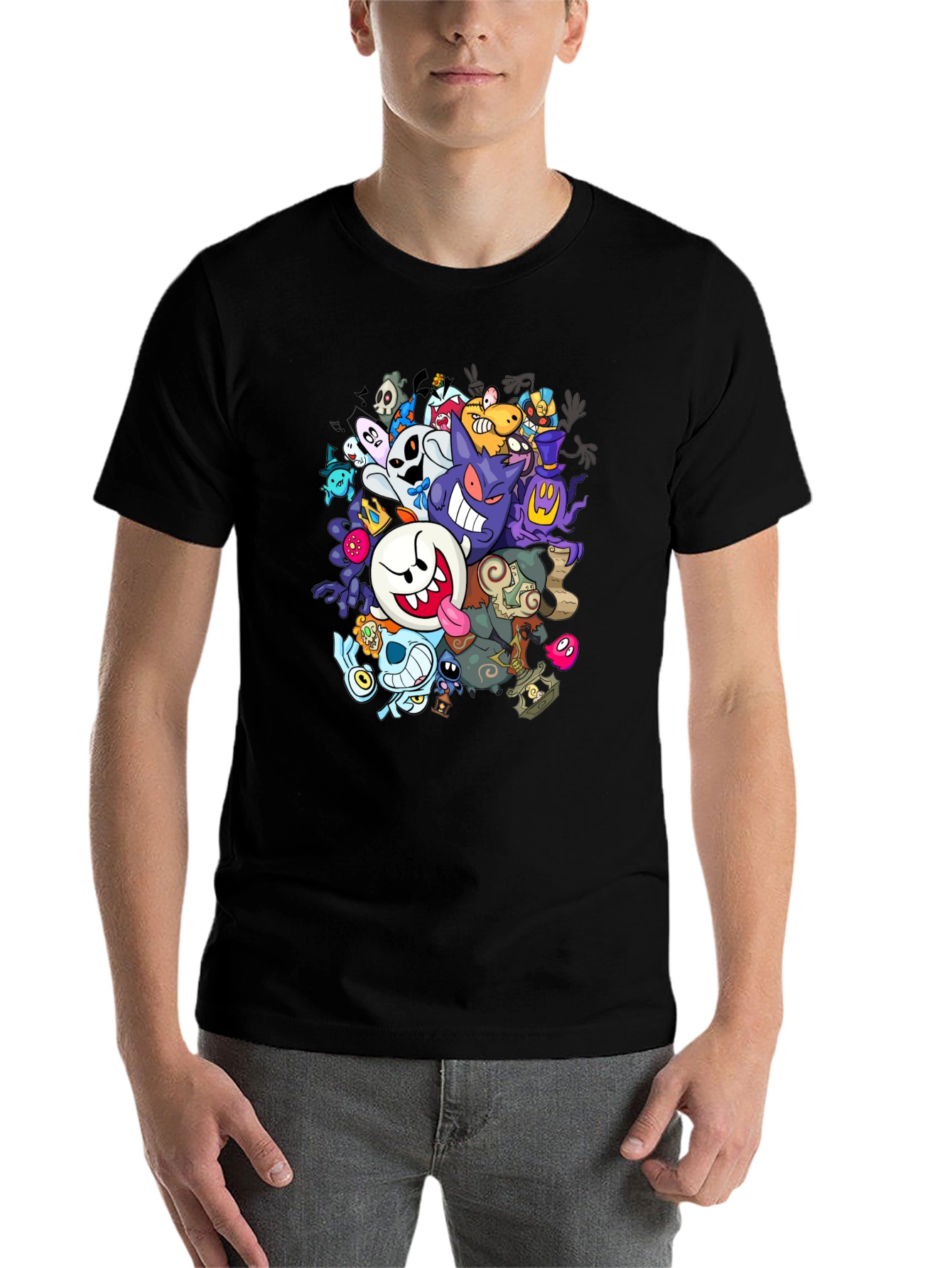 Black Ghostly Gathering T-Shirt: Spooky Cartoon Design view 7