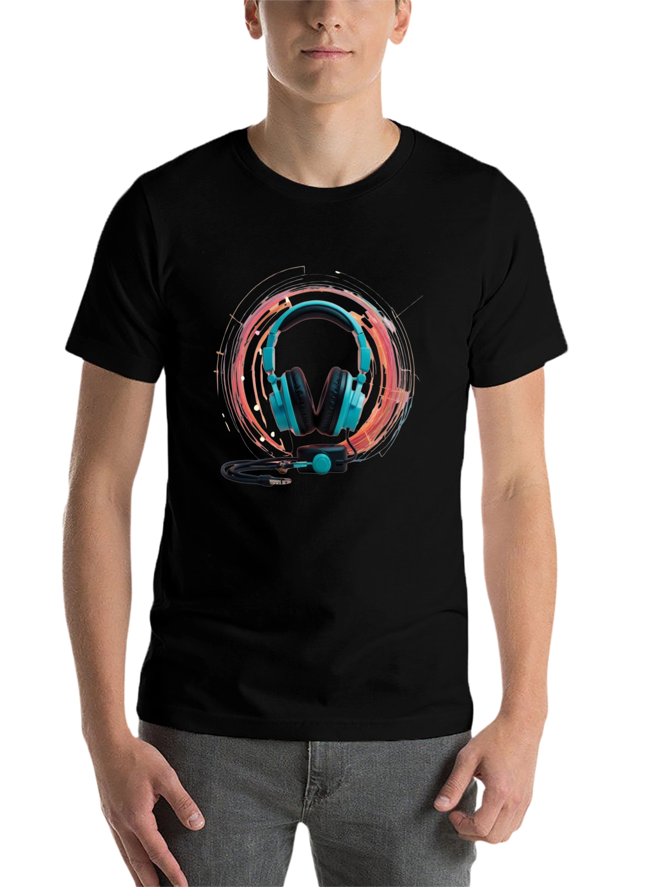 Black Cool Headphone Graphic Black Tee view 7