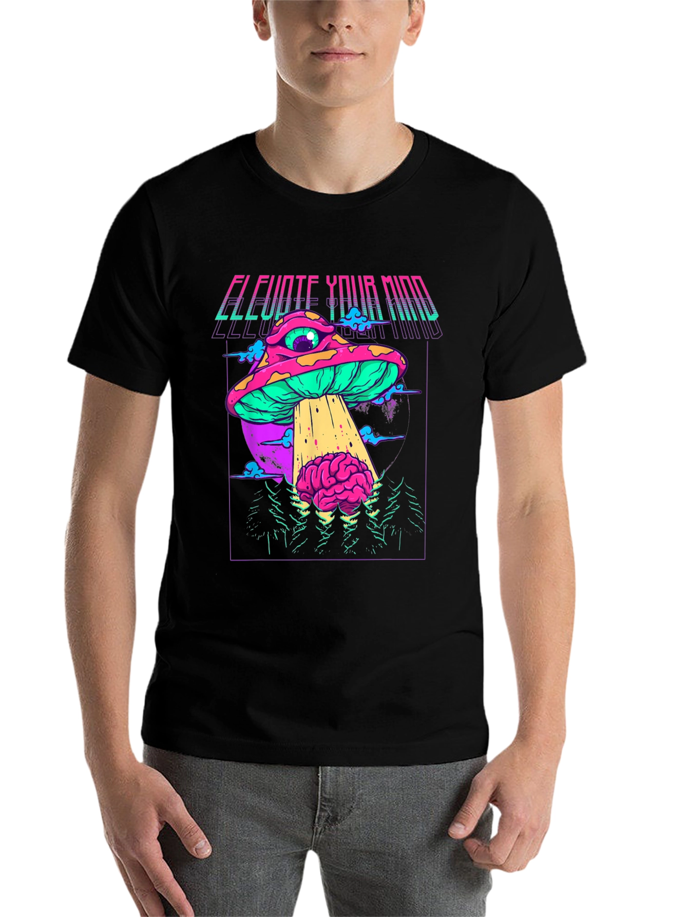 Black Elevate Your Mind Graphic T-Shirt - Retro Psychedelic Mushroom UFO view 7