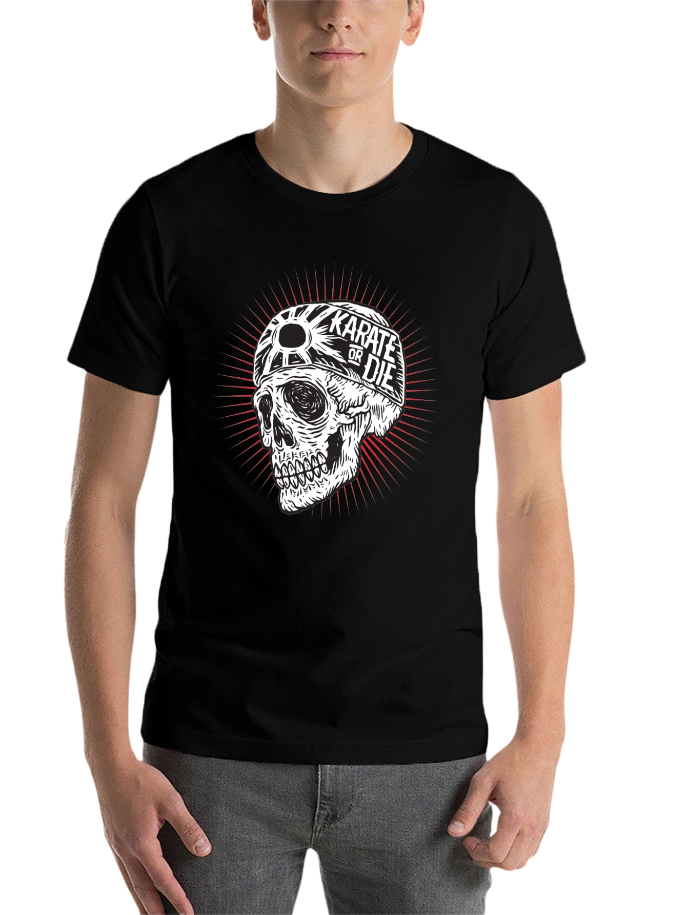 Black Karate or Die Skull Graphic Tee - Black Cotton T-Shirt view 7