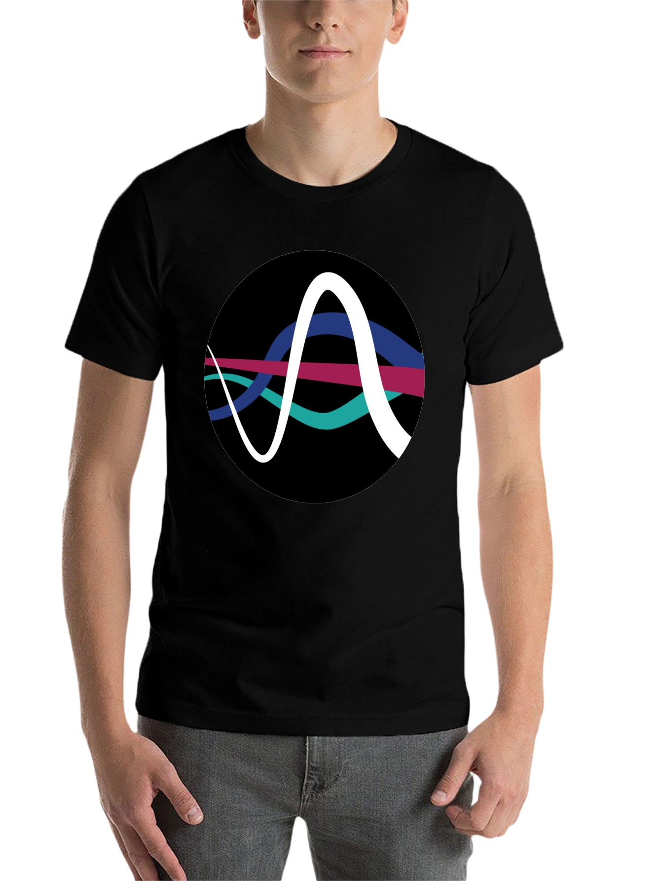 Black Abstract Wave Graphic Tee - Black Cotton T-Shirt view 7