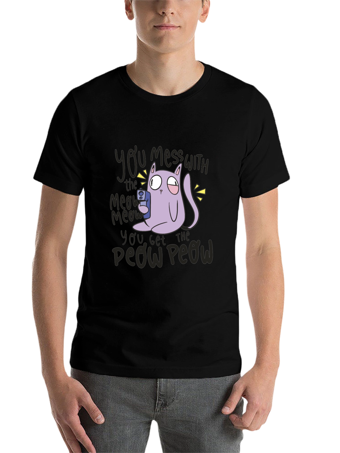Black Meow Meow Peow T-Shirt - Funny Cat Graphic Tee view 7