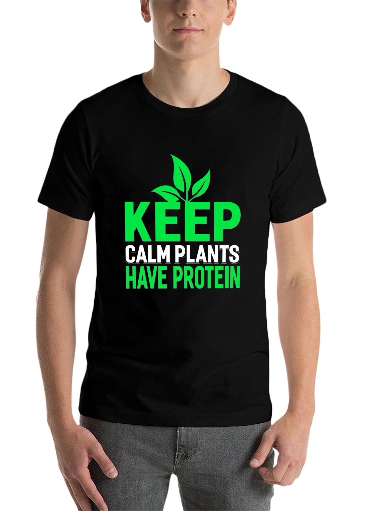 Black Keep Calm Plants Have Protein T-Shirt - Vegan Friendly view 7