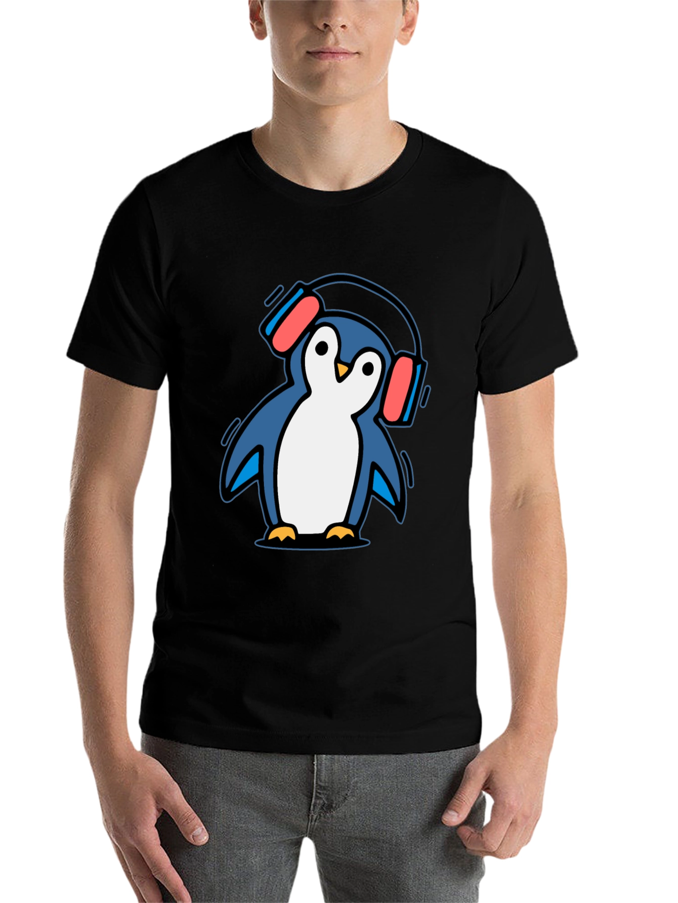 Black Penguin Headphone T-Shirt - Cool Graphic Tee view 7
