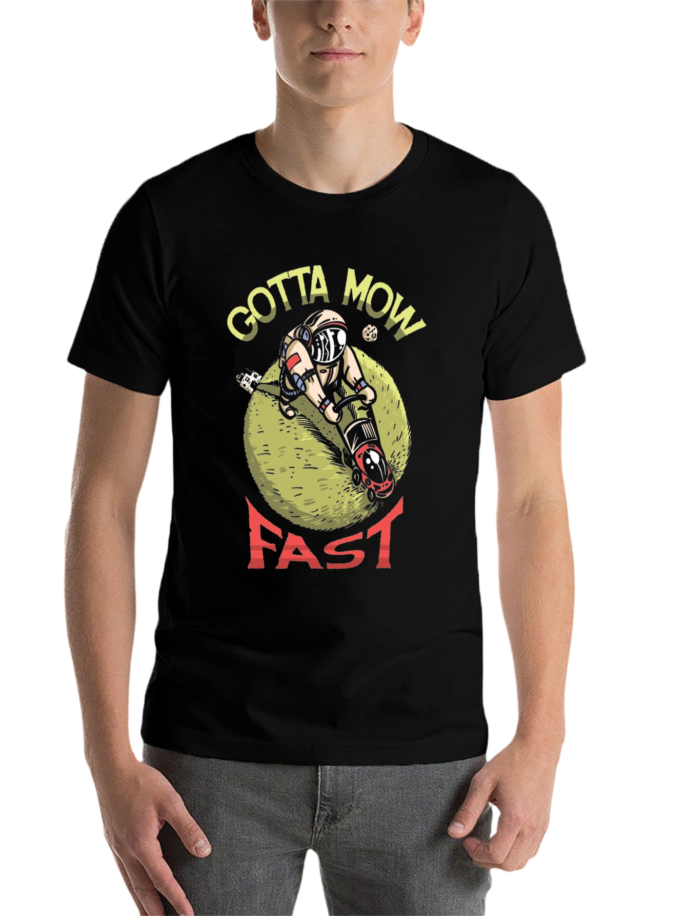 Black Gotta Mow Fast T-Shirt, Astronaut Lawn Mower Design view 7