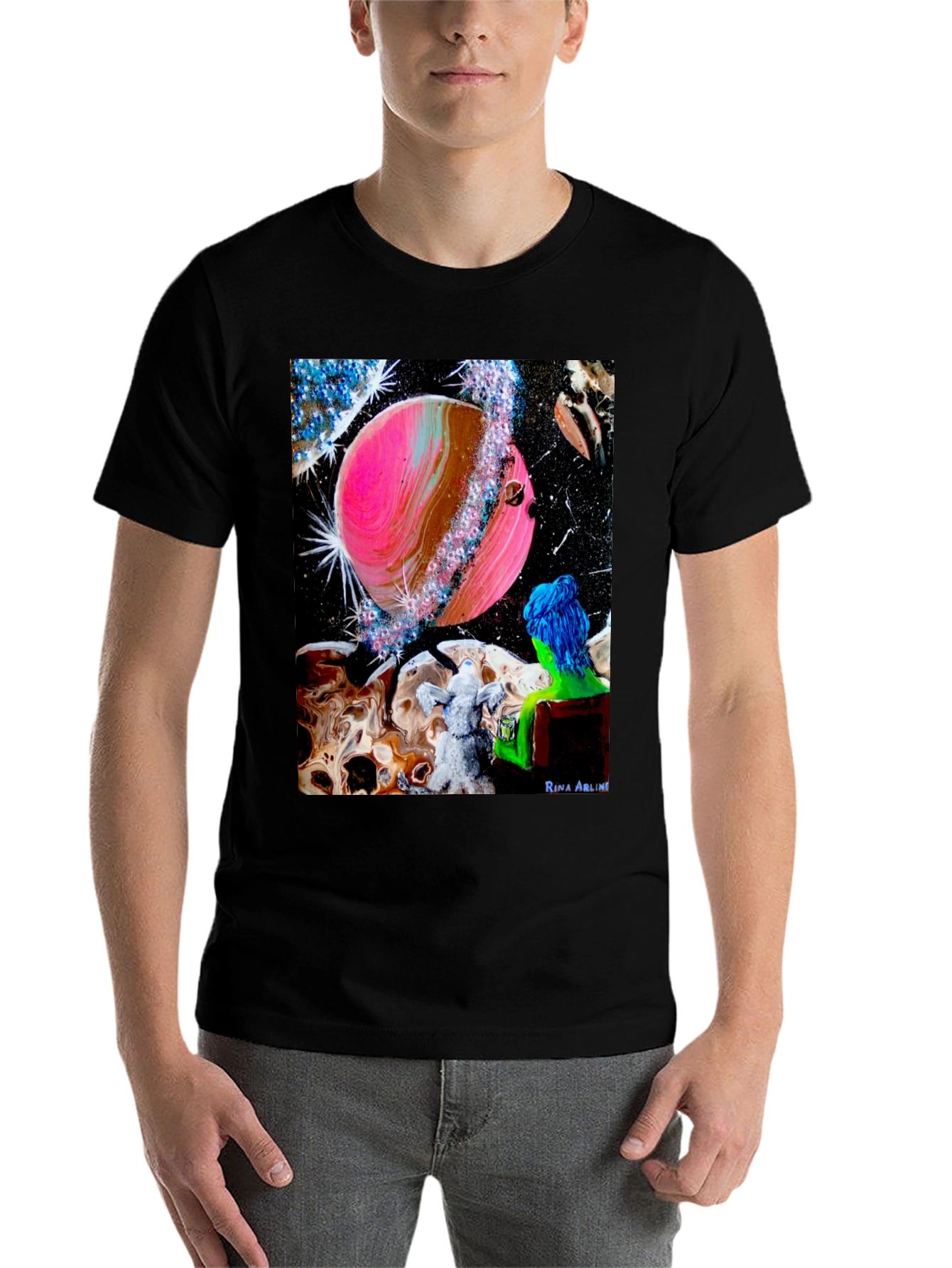 Black Cosmic Dreamer T-Shirt: Pink Planet & Blue Haired Girl view 7