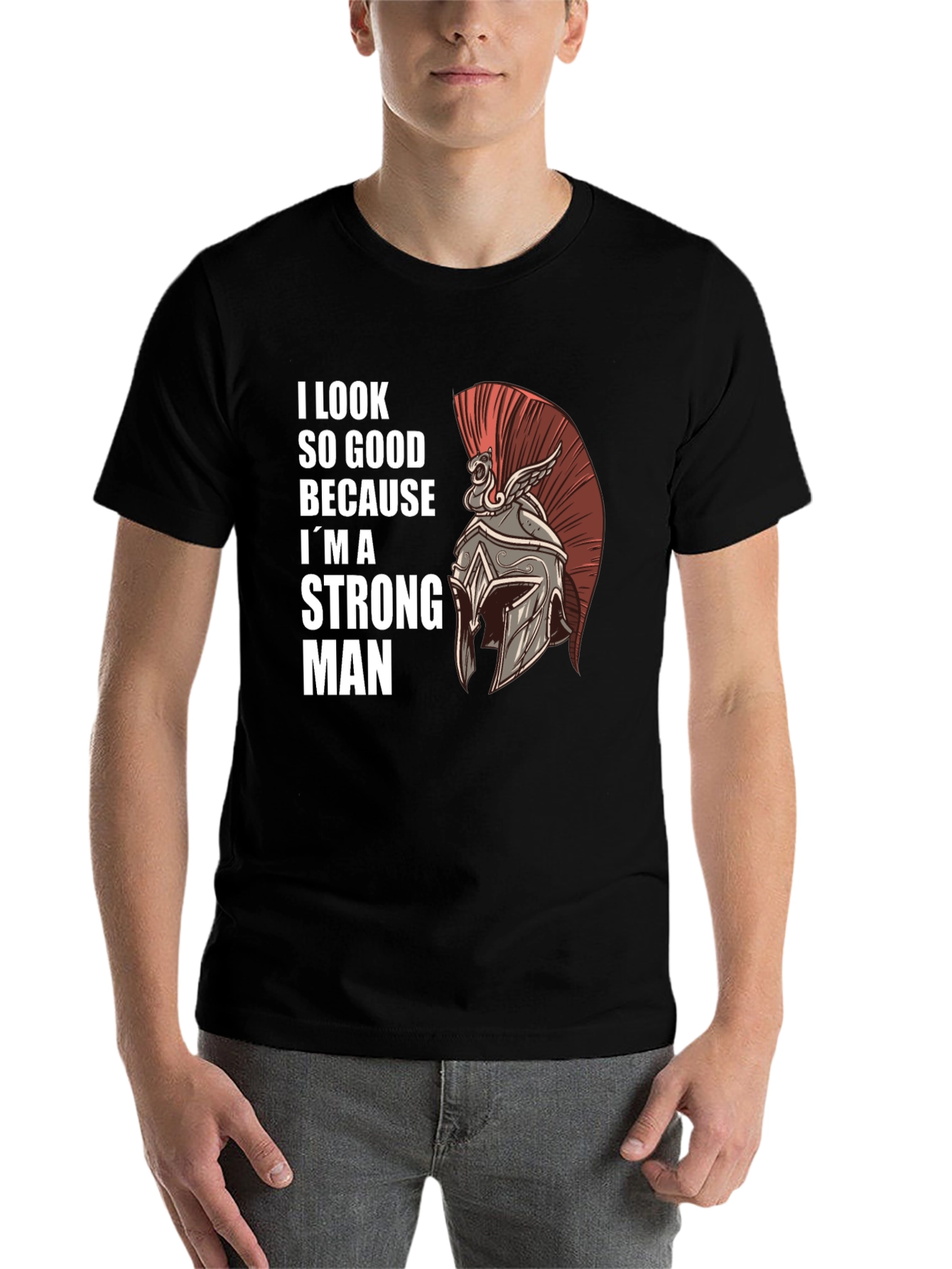 Black Strong Man Graphic Tee - Spartan Helmet Design view 7