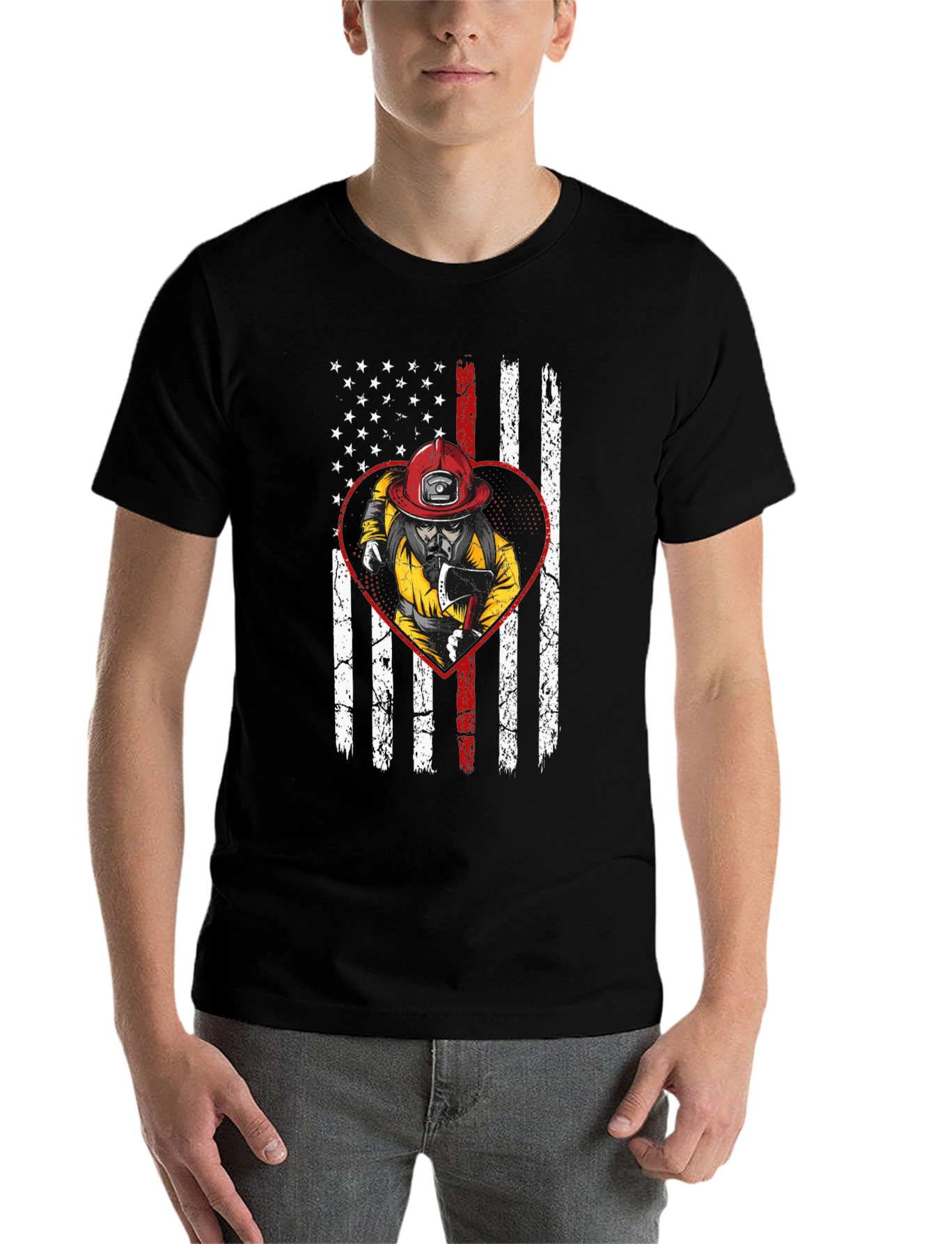 Black Firefighter US Flag Heart T-Shirt view 7