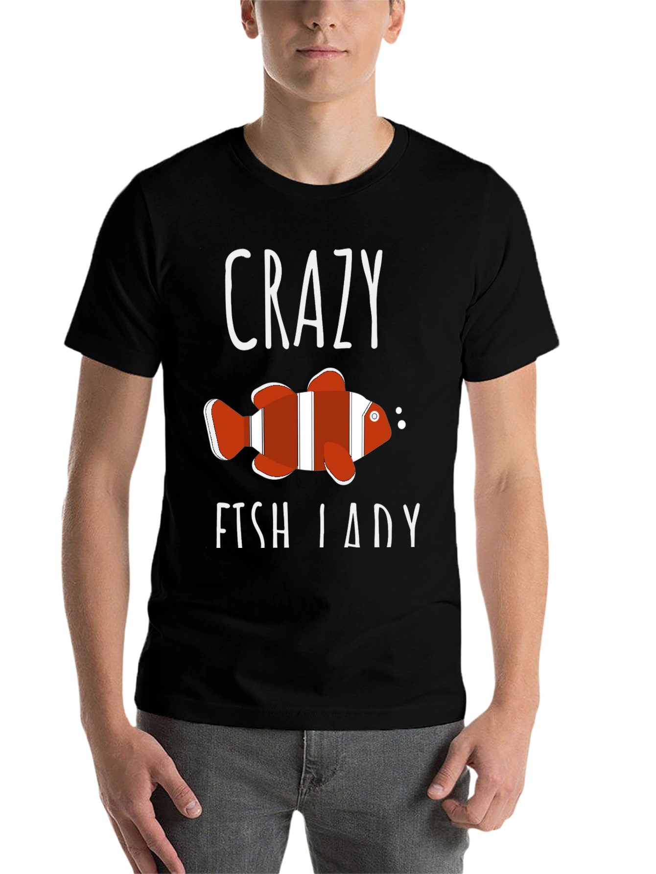 Black Crazy Fish Lady T-Shirt - Novelty Graphic Tee view 7