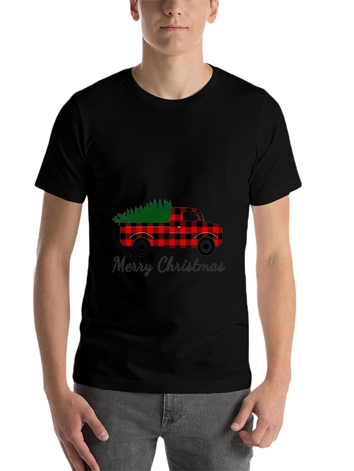 Black Merry Christmas Buffalo Plaid Truck T-Shirt view 7