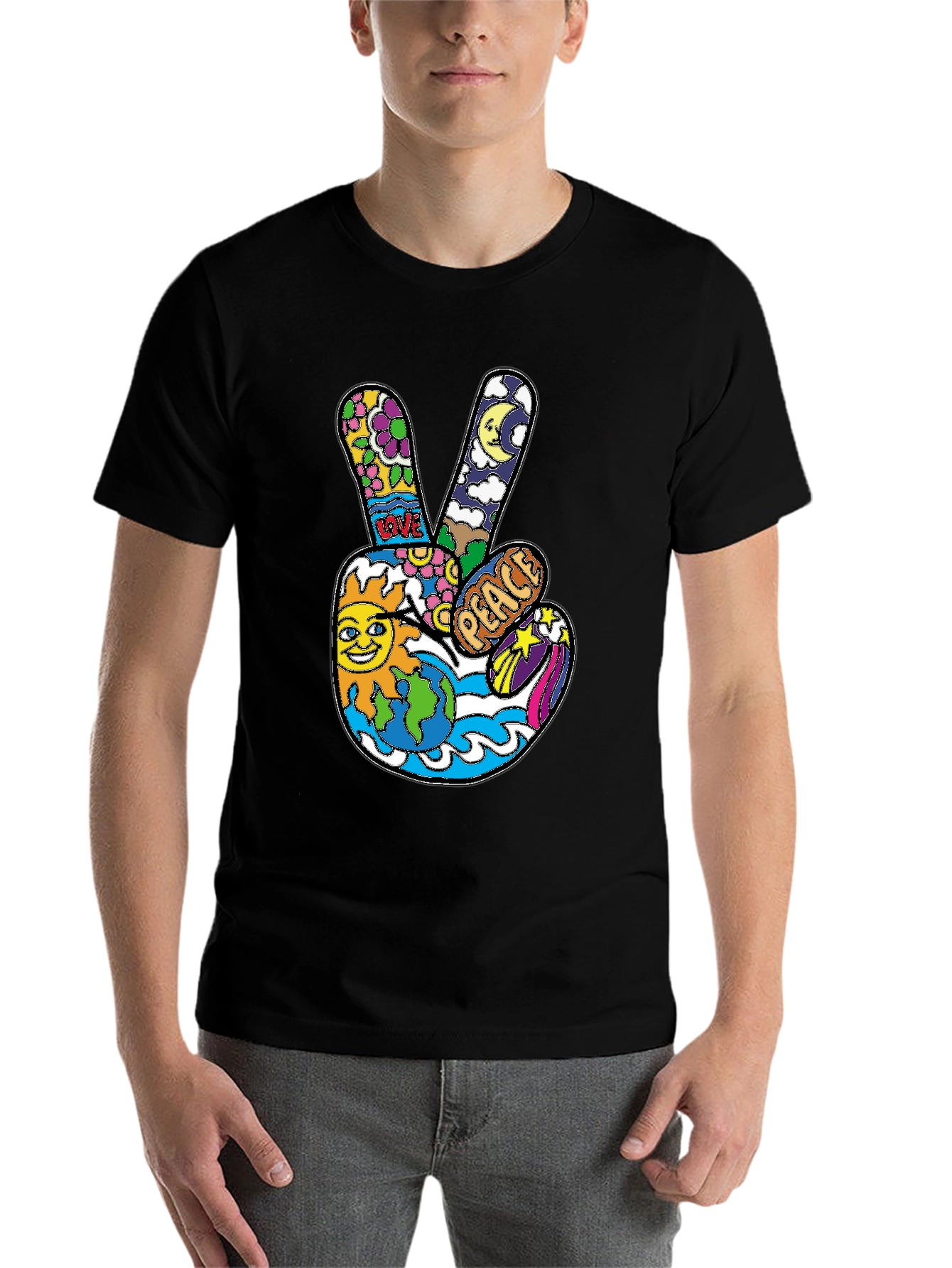 Black Peace Sign Graphic T-Shirt - Retro Hippie Style view 7