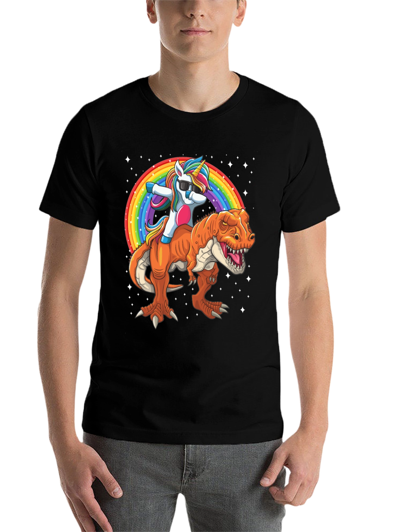 Black Unicorn Riding Dinosaur Men's Graphic T-Shirt view 7