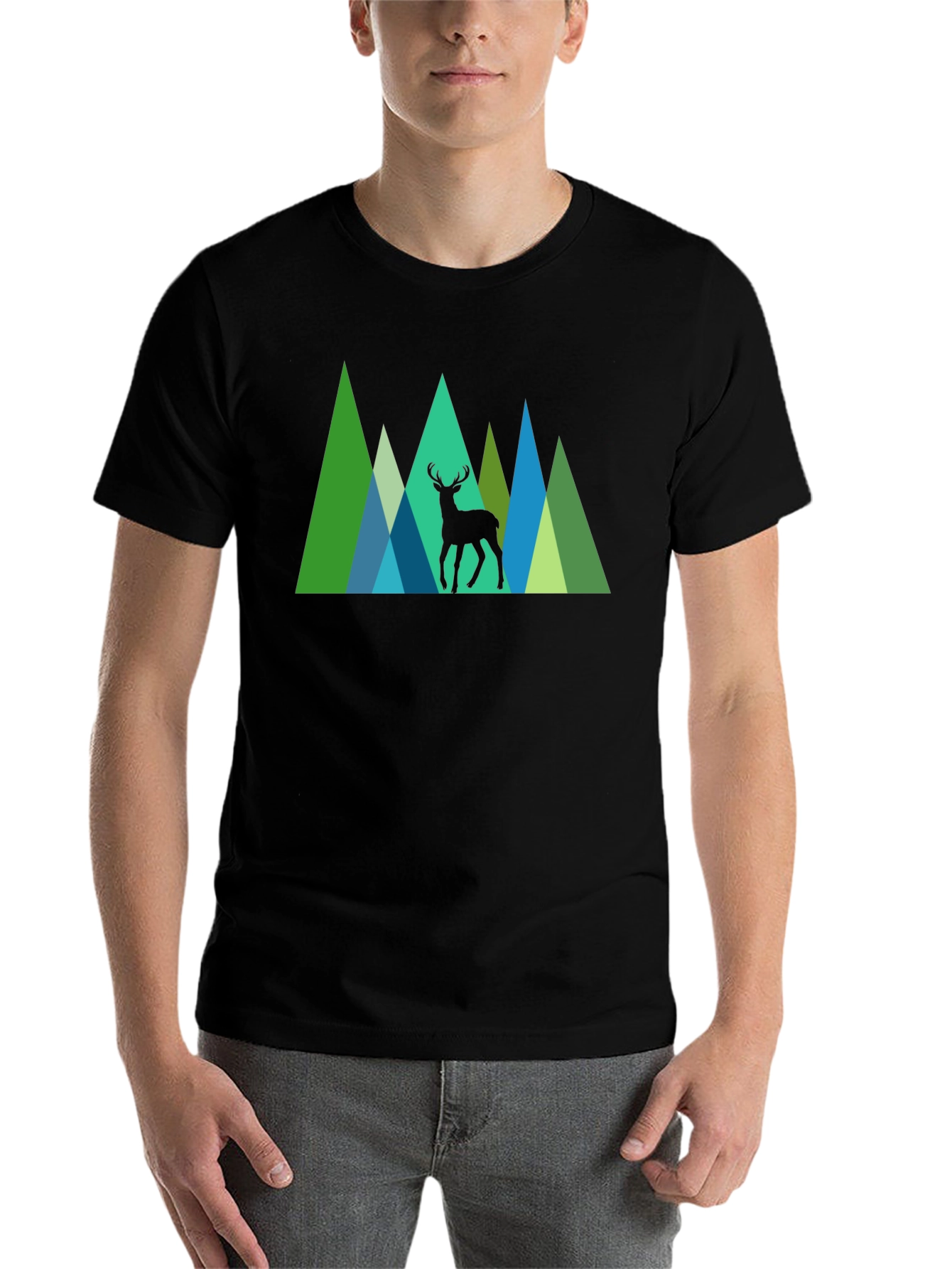 Black Geometric Deer Graphic Tee - Nature Inspired Black T-Shirt view 7