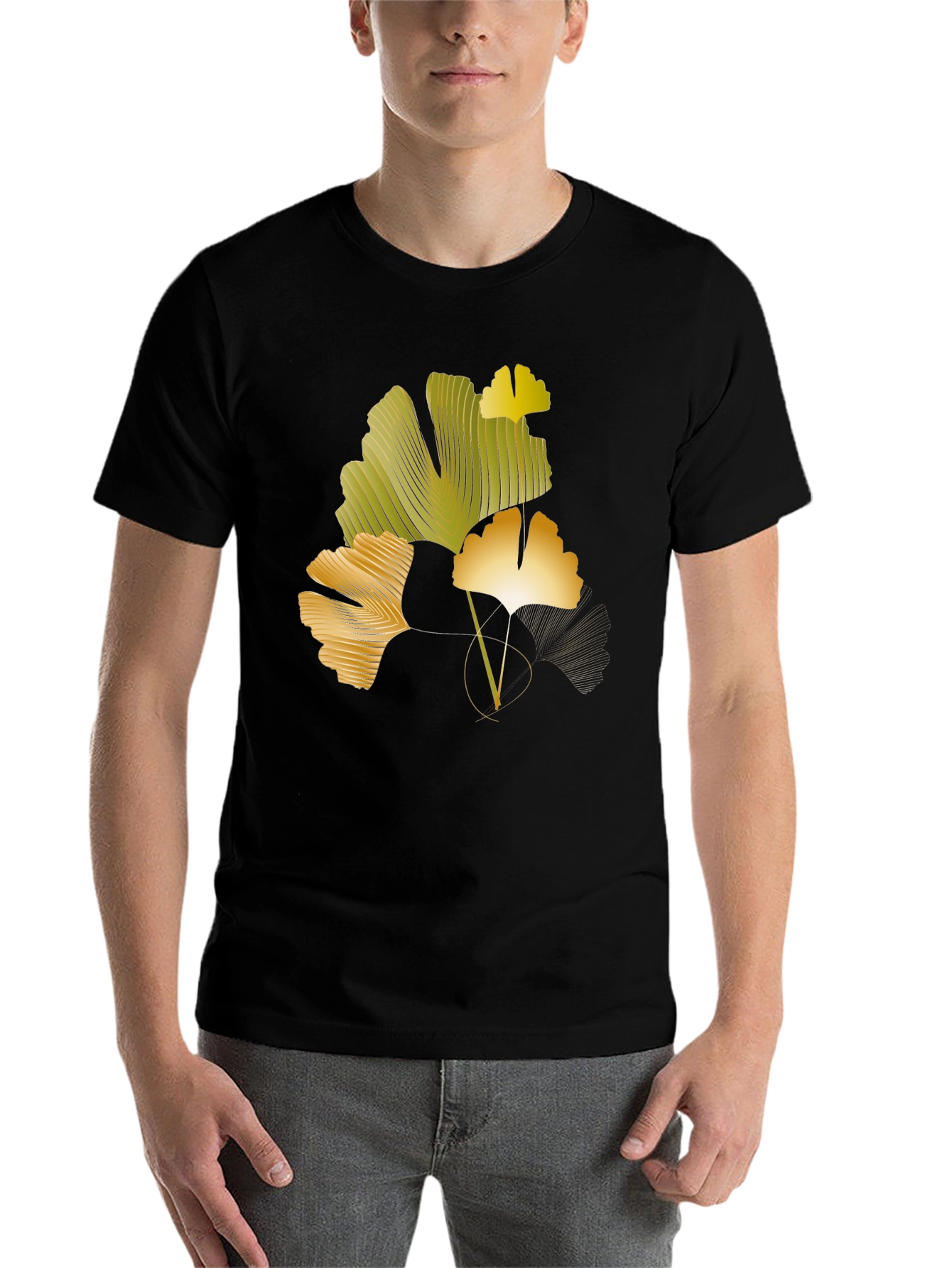 Black Ginkgo Leaf Graphic Black T-Shirt view 7