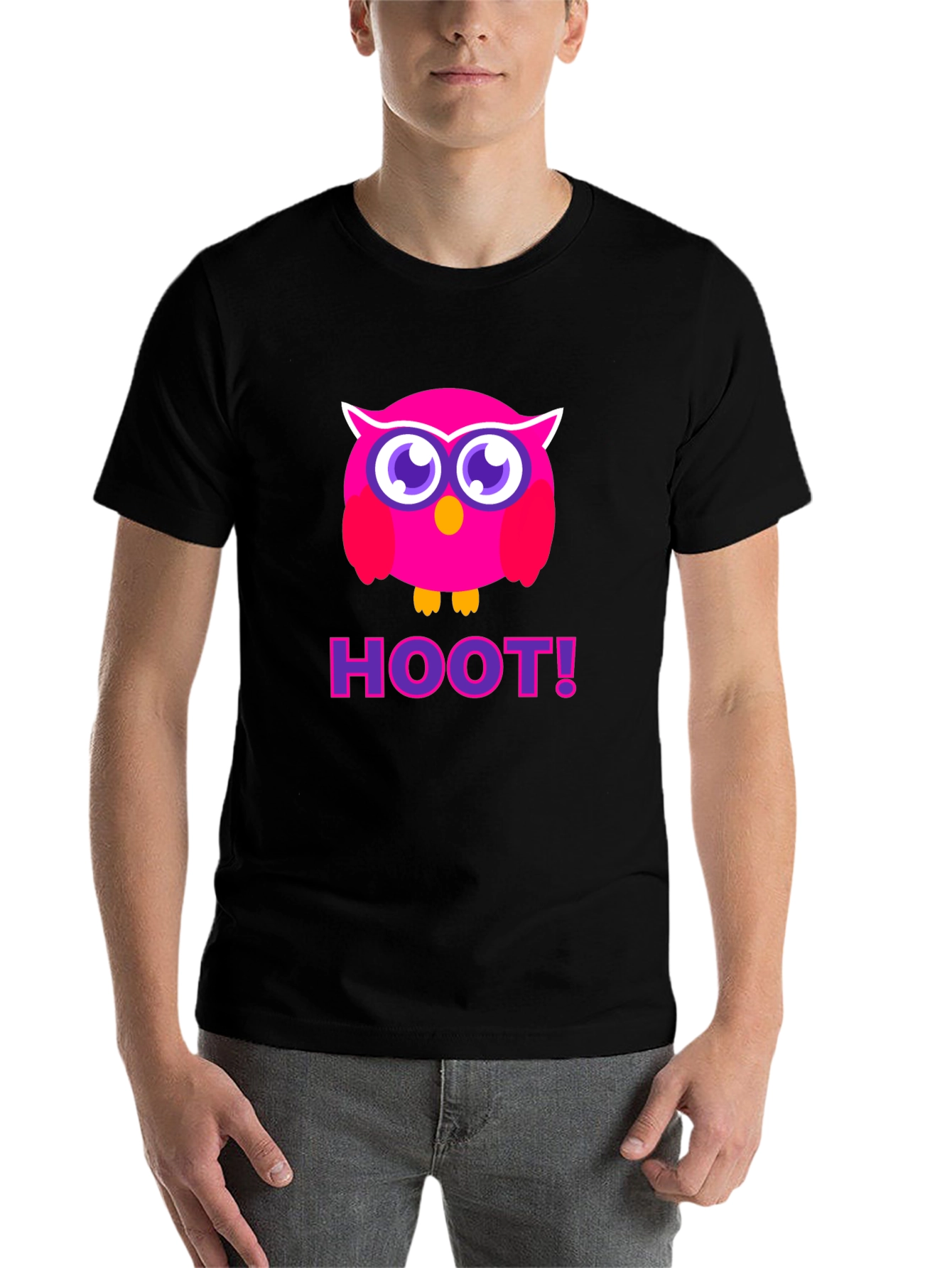 Black Pink Owl Hoot T-Shirt - Black Cotton Tee view 7