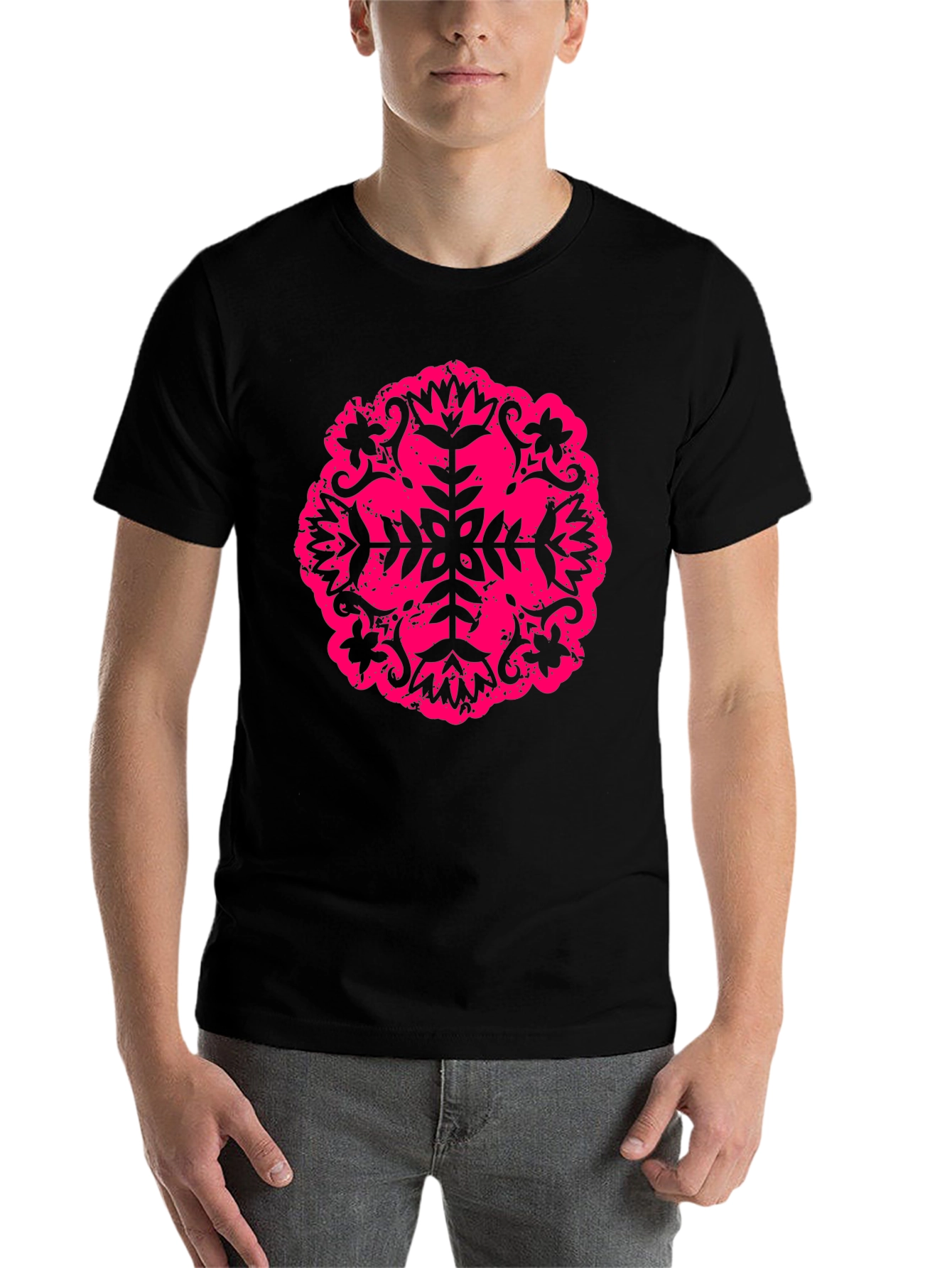 Black Black Tee with Pink Floral Mandala Design view 7