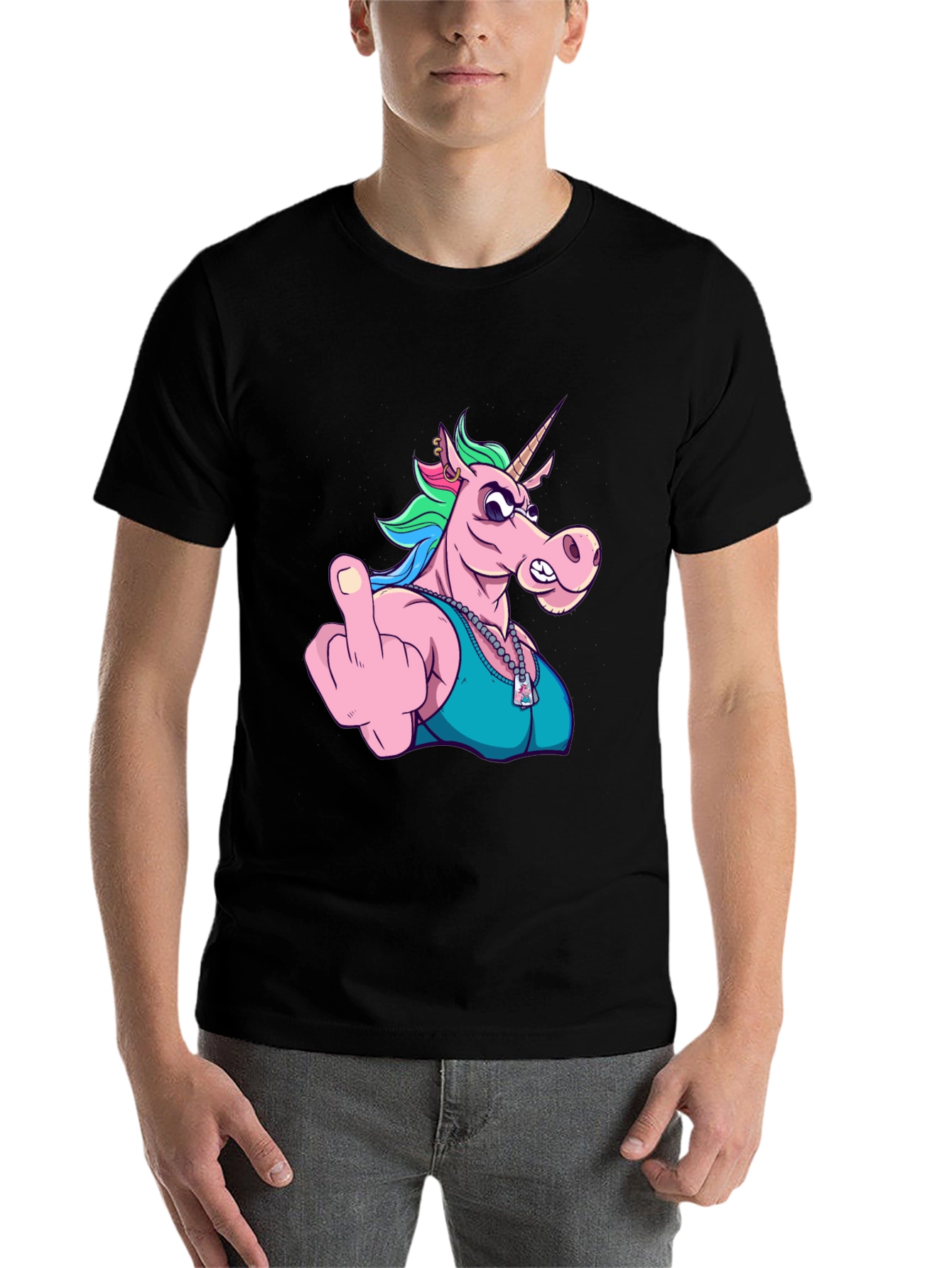 Black Funny Unicorn Middle Finger Graphic Tee view 7
