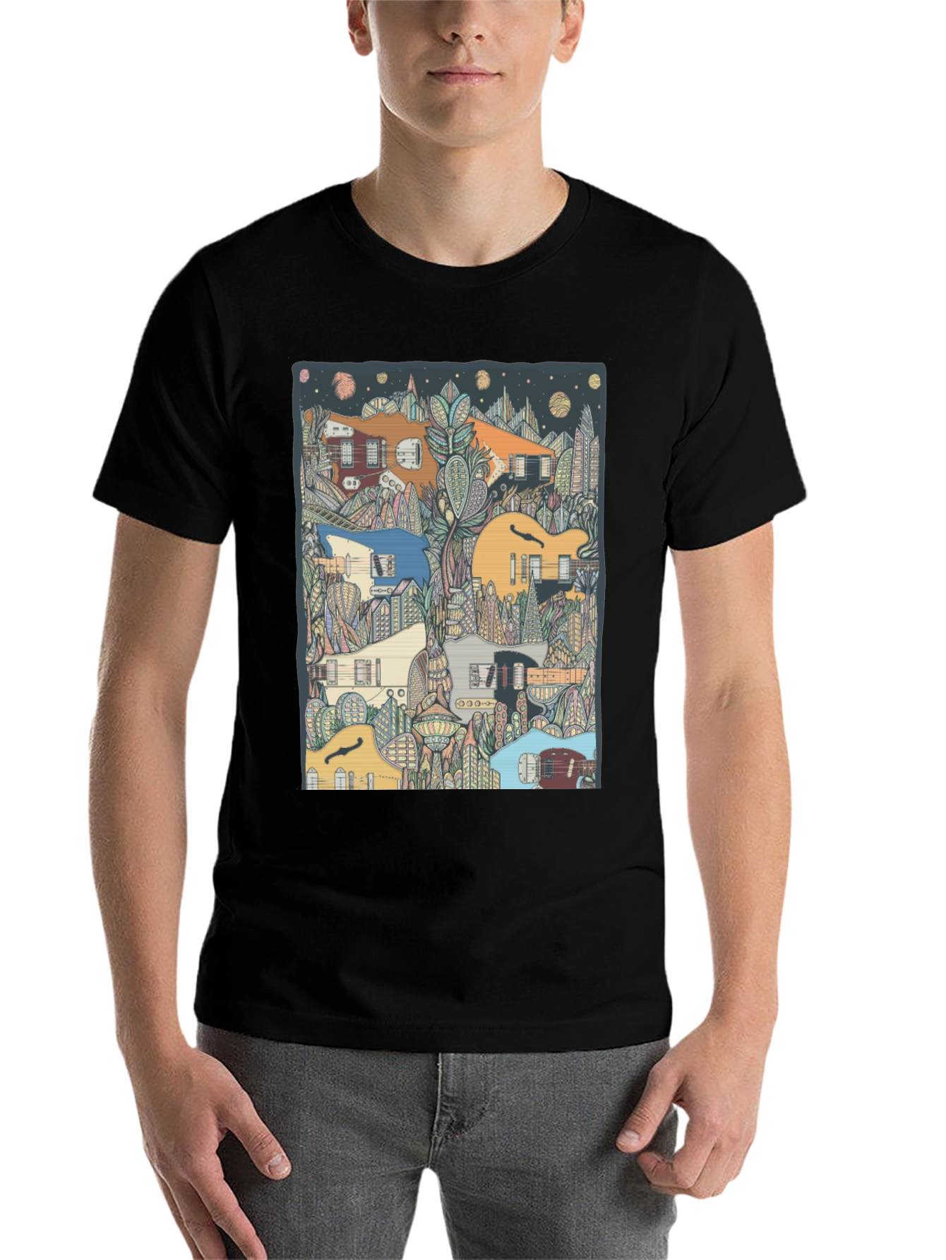 Black Guitar Cityscape T-Shirt - Music Lover Tee view 7