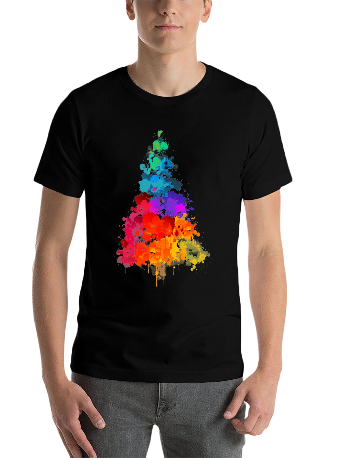 Black Rainbow Splatter Tree Graphic Tee - Black Cotton Shirt view 7