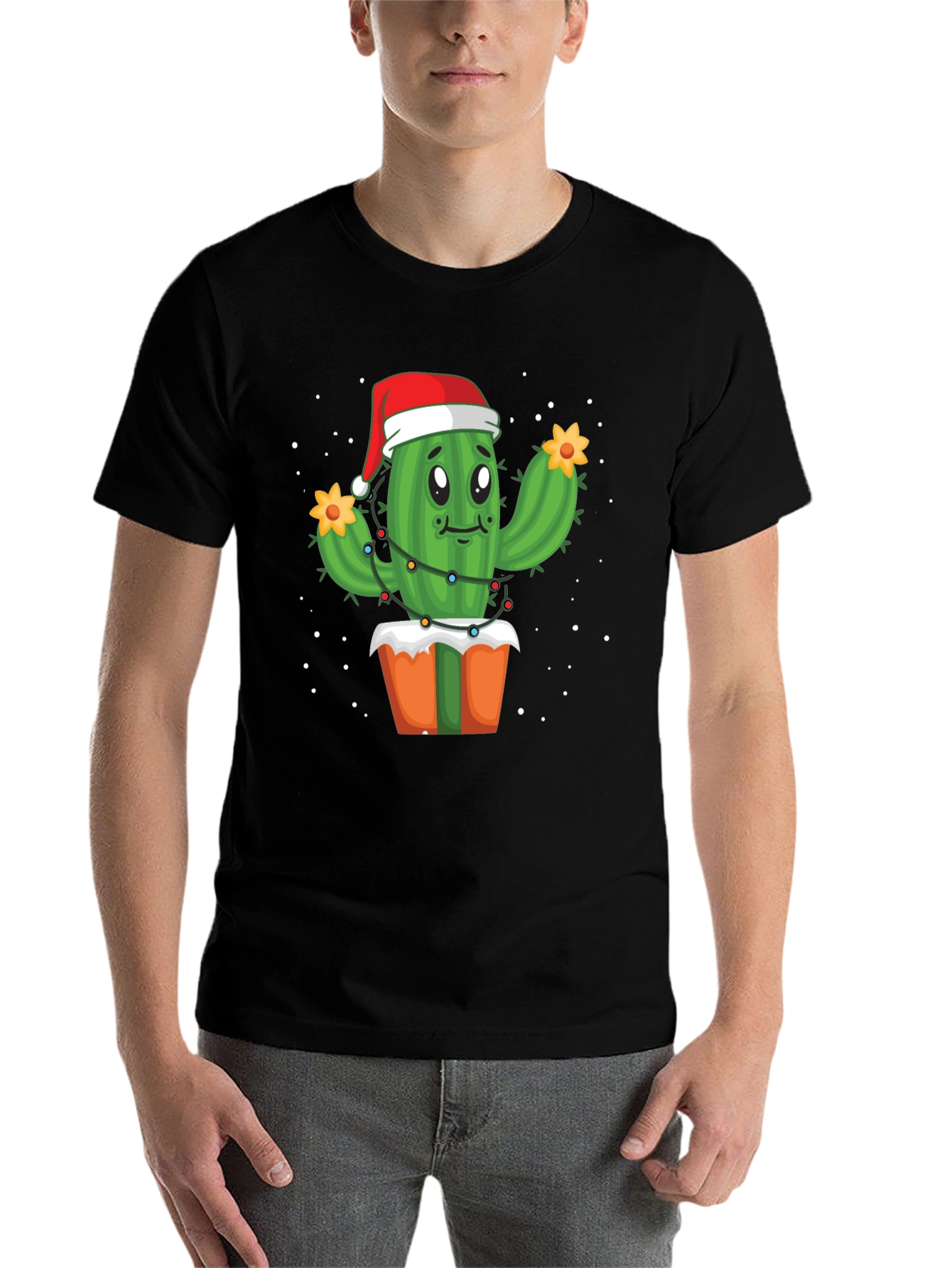 Black Festive Cactus Christmas T-Shirt view 7