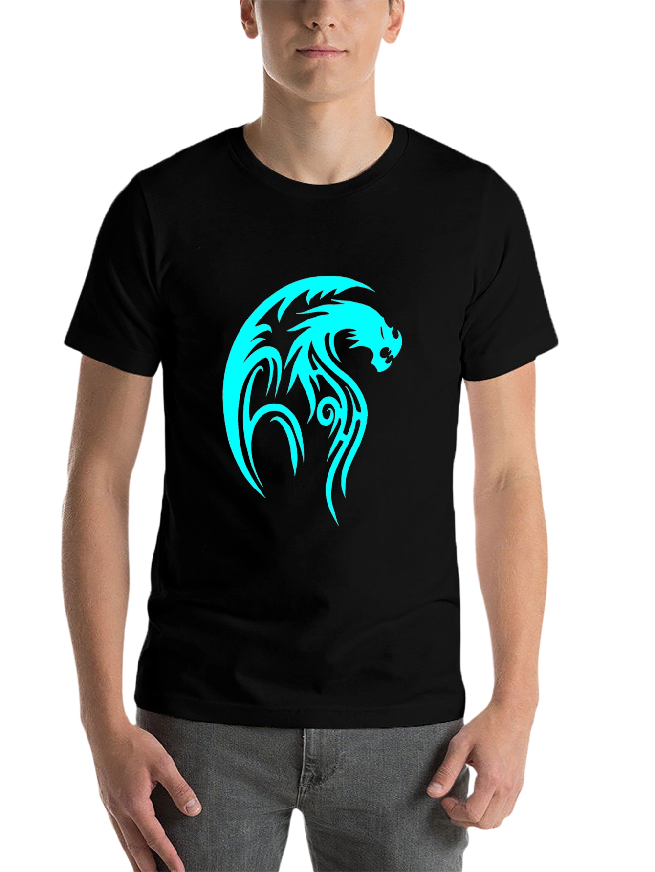 Black Tribal Dragon Graphic Tee - Black Cotton T-Shirt view 7