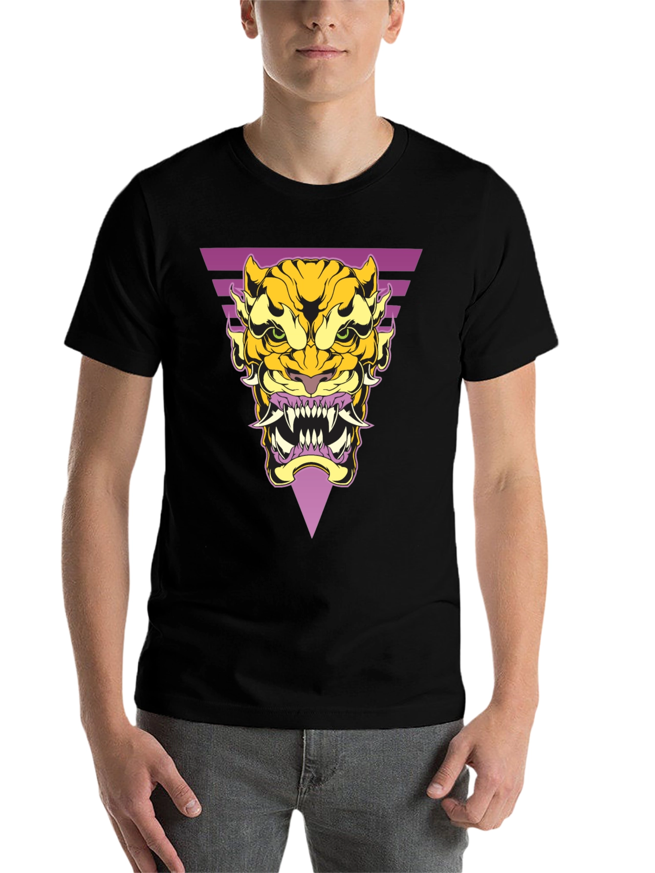 Black Geometric Tiger Graphic Tee - Black Cotton T-Shirt view 7