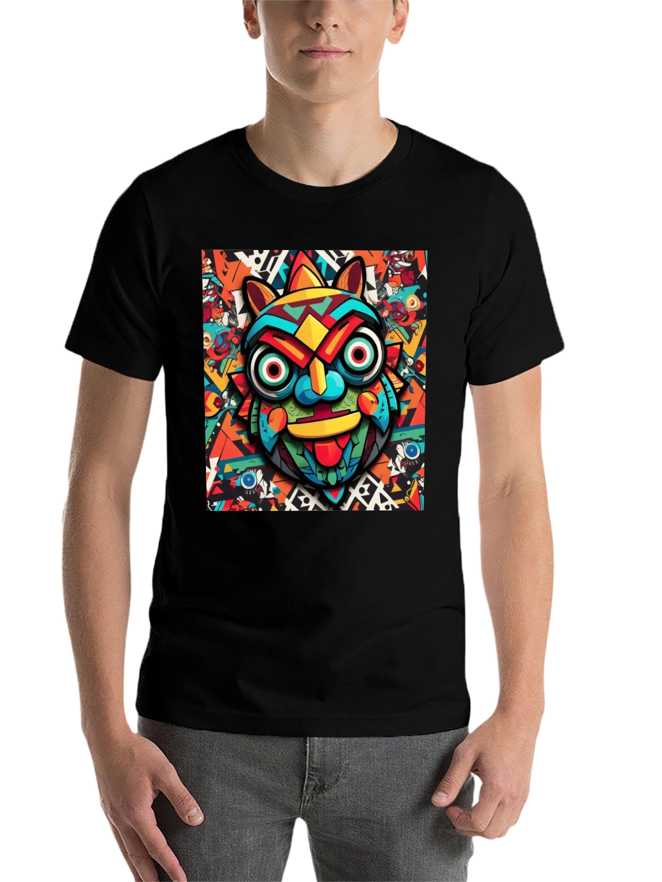 Black Bold Graphic Tee - Colorful Tribal Mask Design view 7