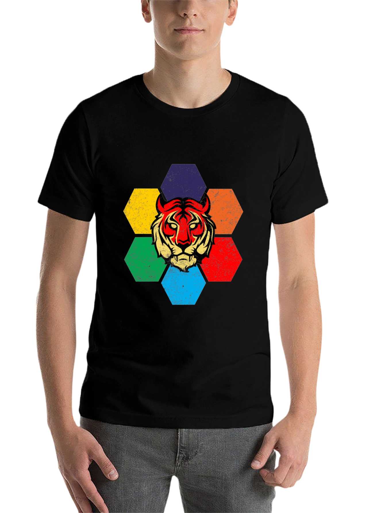 Black Retro Tiger Graphic Tee - Colorful Hexagon Design view 7