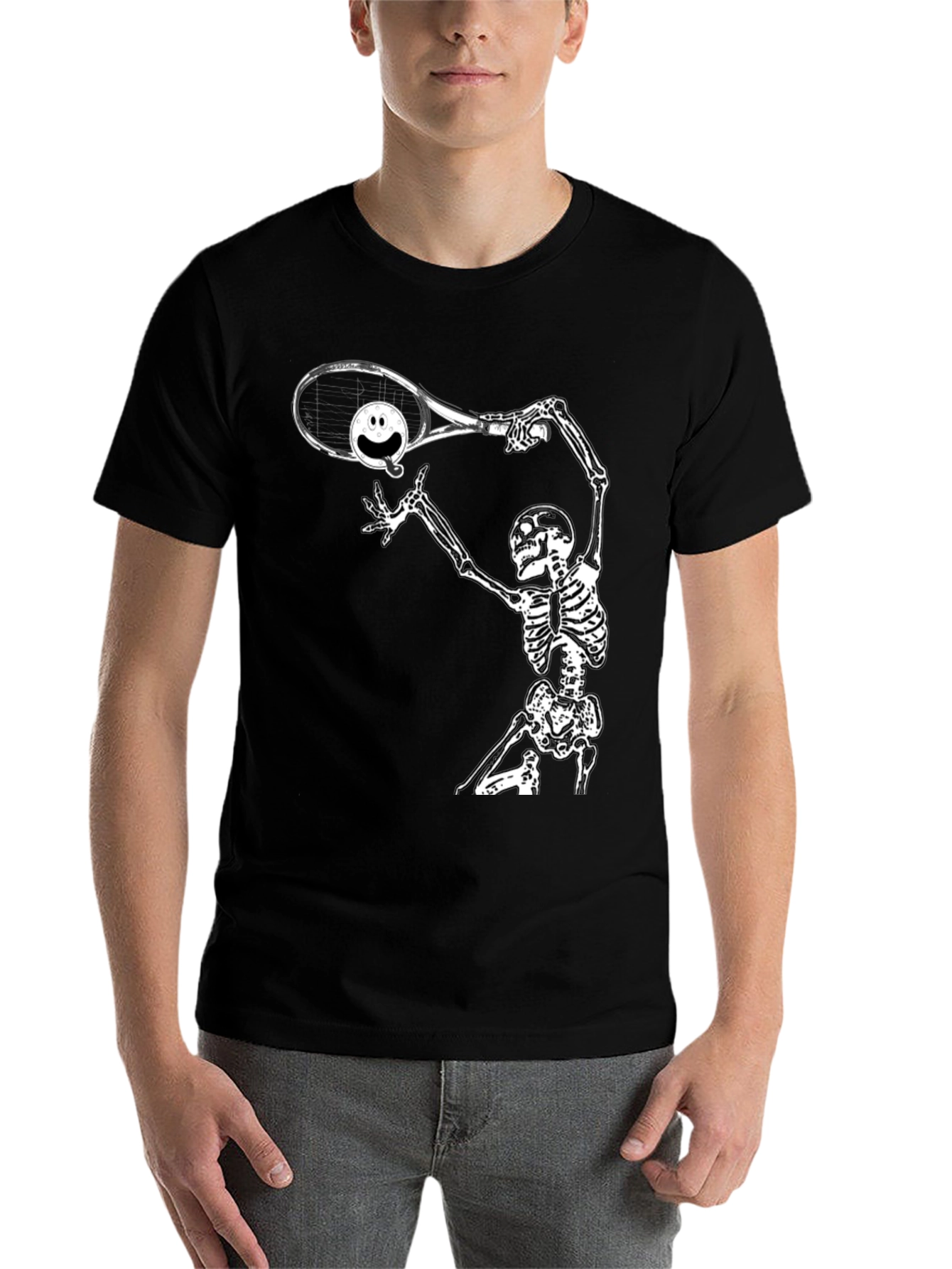 Black Humorous Skeleton Tennis T-Shirt view 7