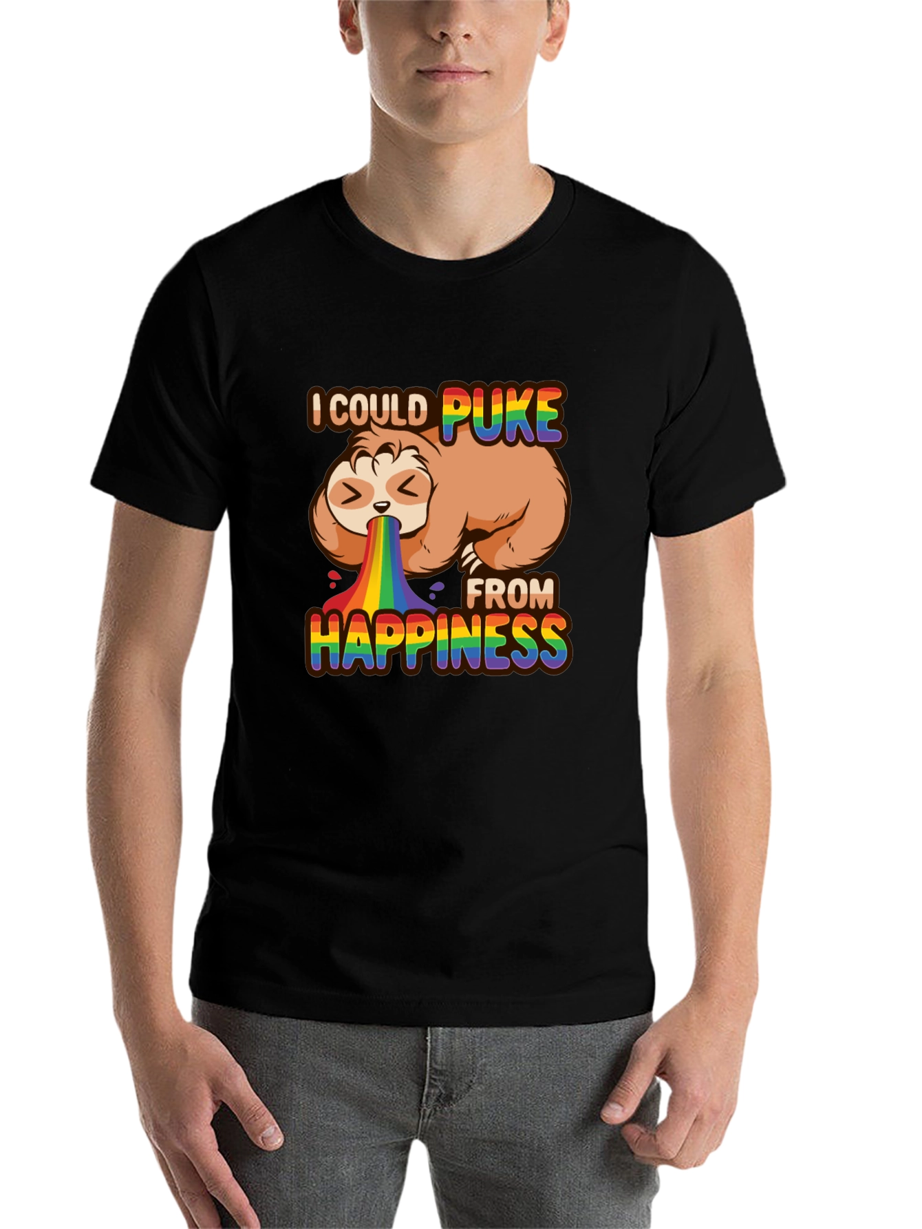 Black Sloth Rainbow Puke Happiness T-Shirt view 7