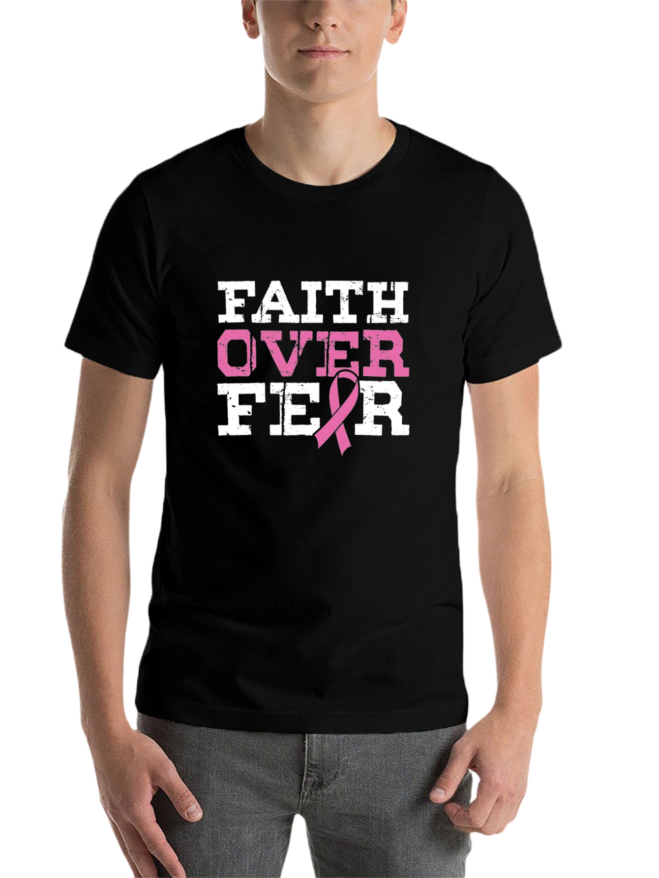 Black Faith Over Fear Breast Cancer Awareness T-Shirt view 7