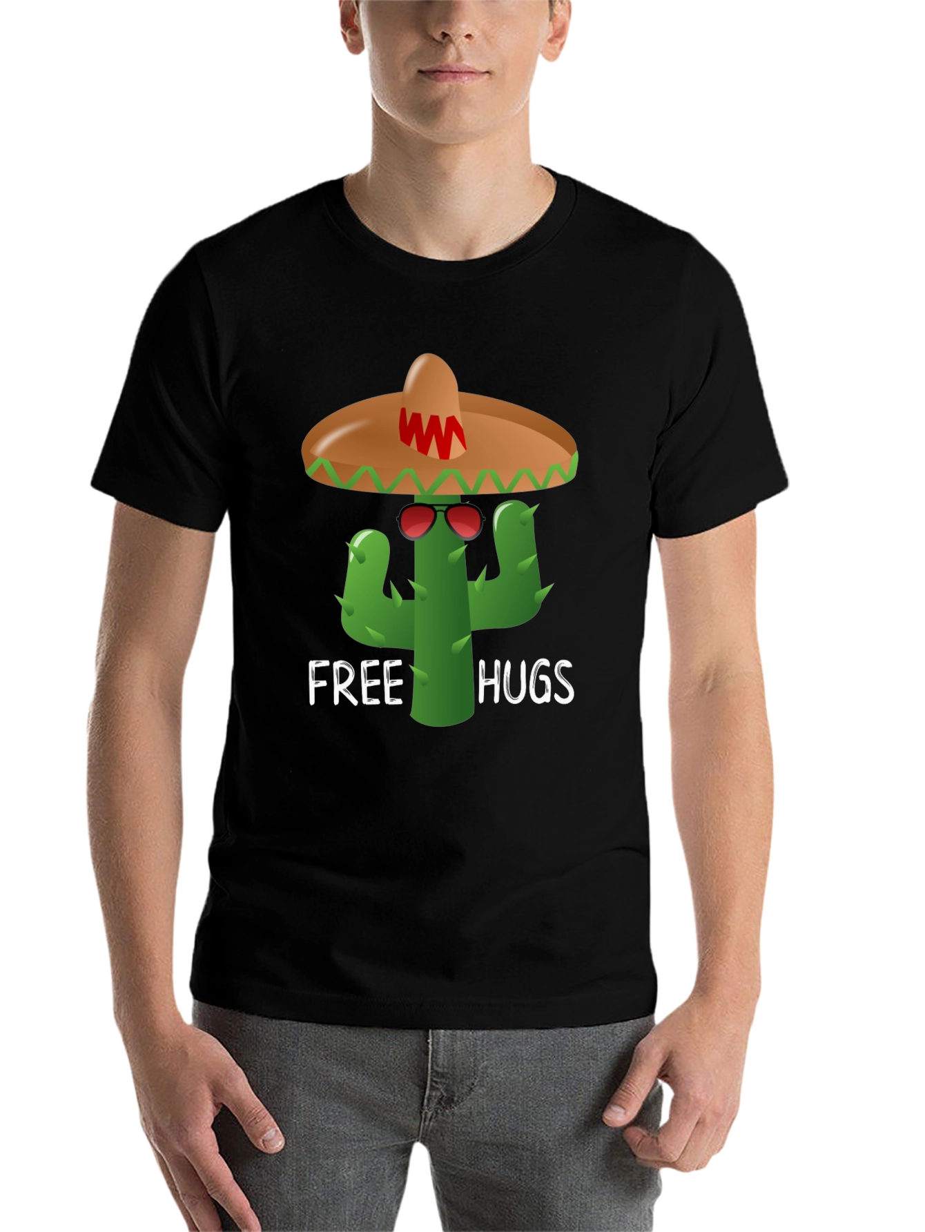 Black Free Hugs Cactus Tee - Fun Graphic T-Shirt view 7