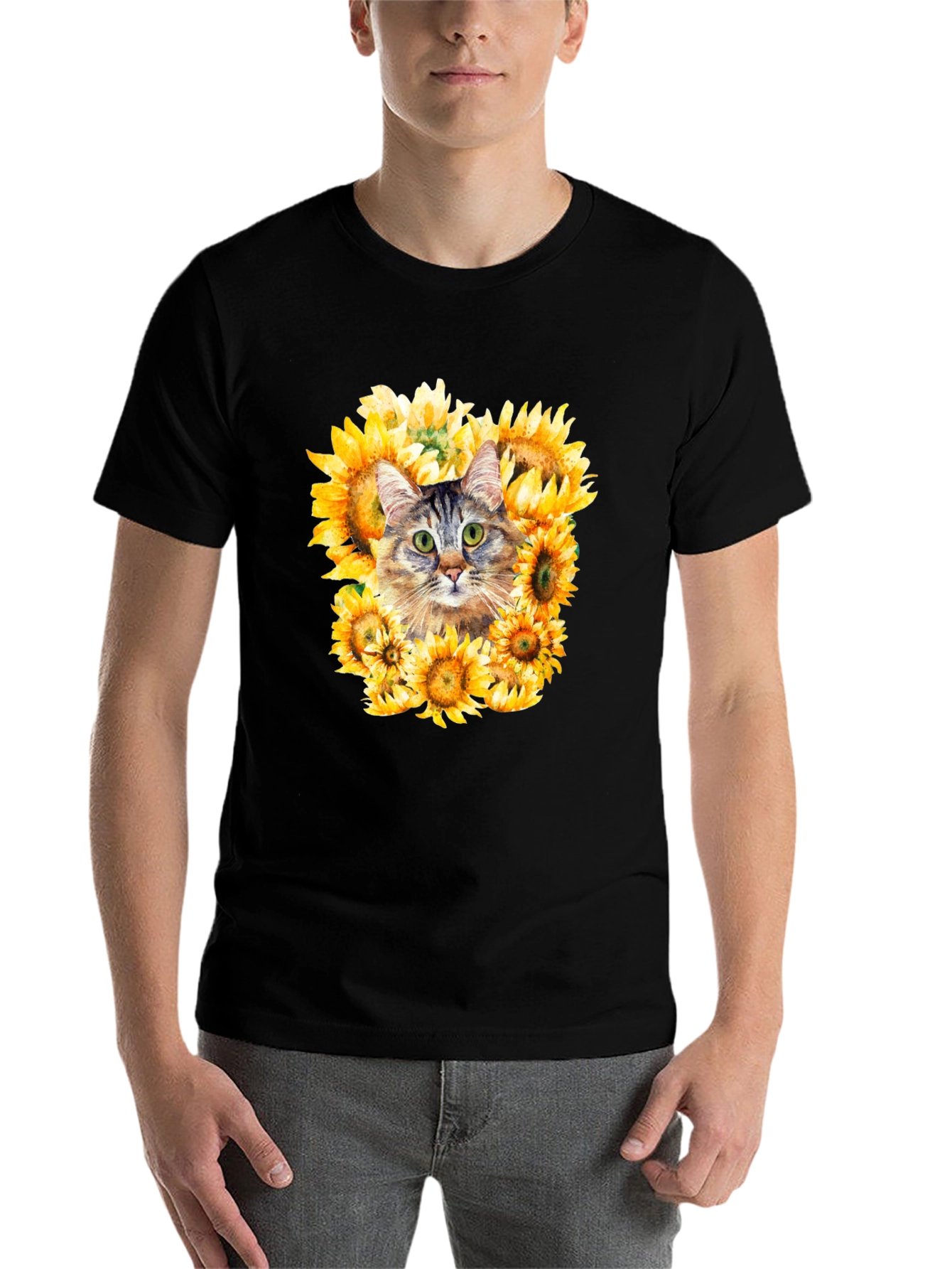 Black Cat Sunflower Graphic Tee - Men's Black T-Shirt view 7
