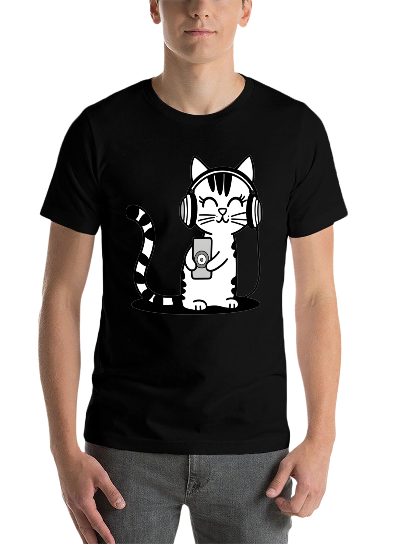 Black Cool Cat Headphones Graphic T-Shirt view 7