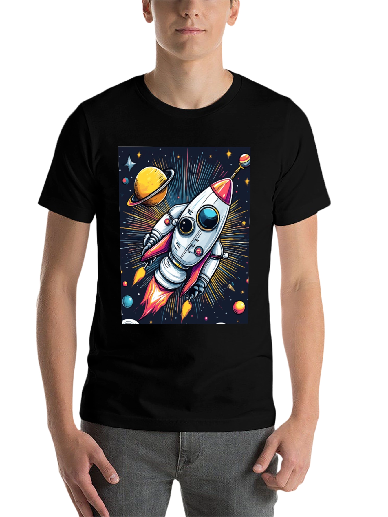 Black Space Rocket T-Shirt - Cosmic Graphic Tee view 7