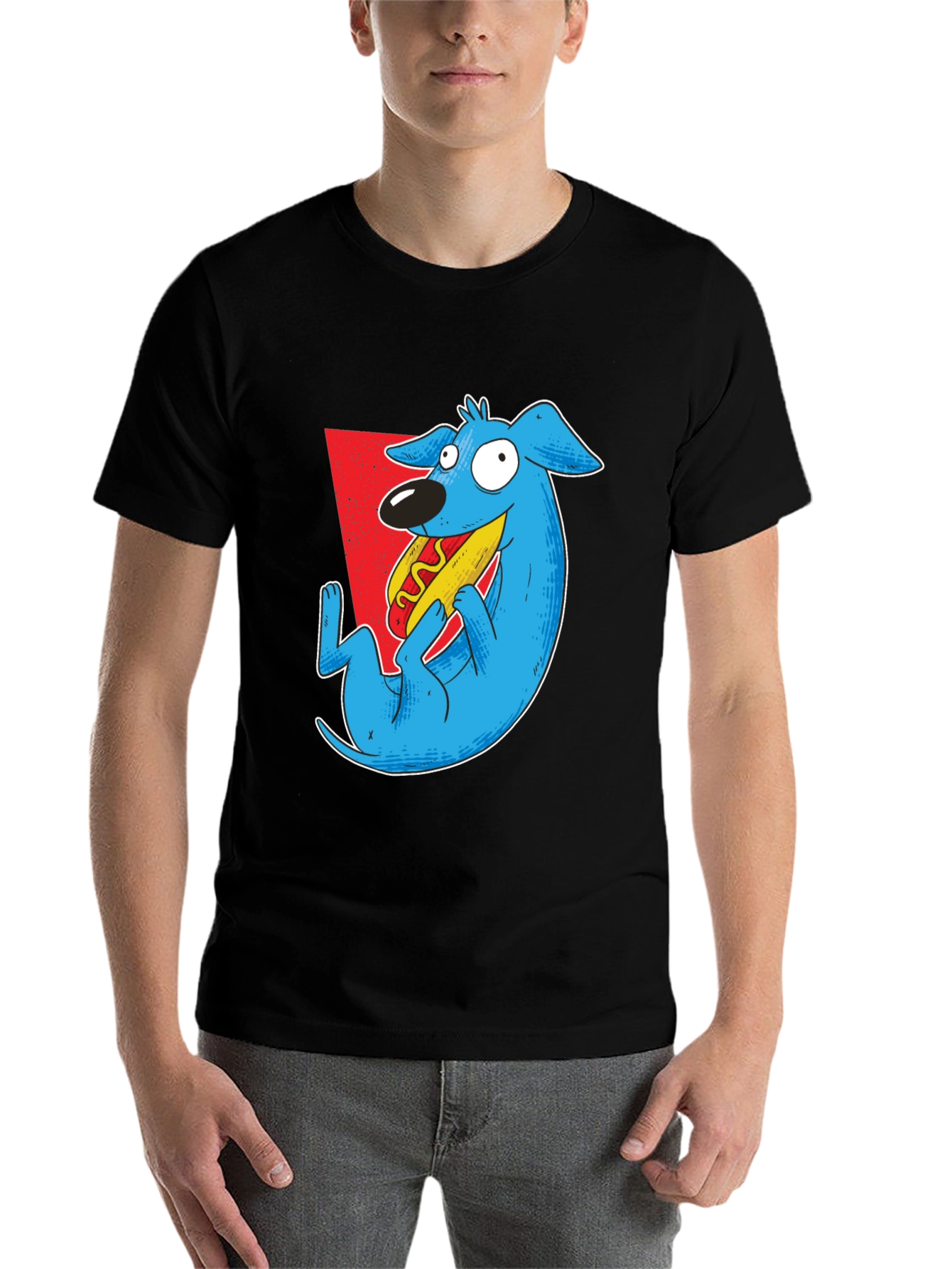 Black Cartoon Dog Eating Hotdog Graphic Tee - Black view 7
