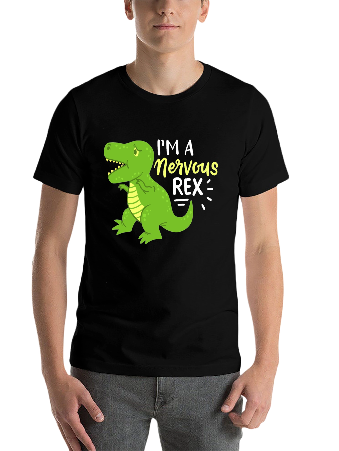 Black Nervous Rex T-Shirt - Funny Dinosaur Graphic Tee view 7
