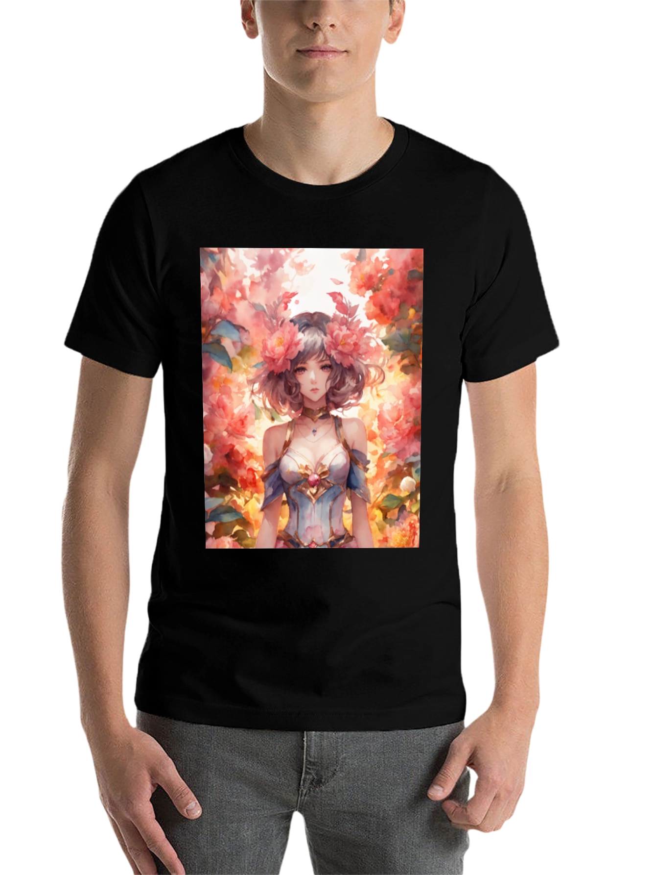 Black Floral Anime Girl Graphic Tee - Stylish & Unique view 7