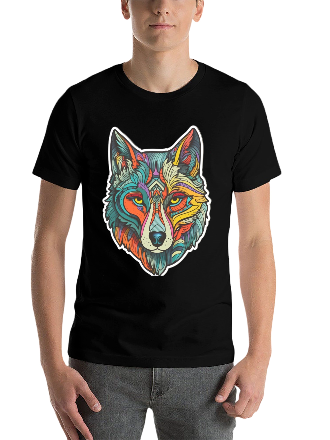 Black Wolf Art Graphic Print Black T-Shirt view 7