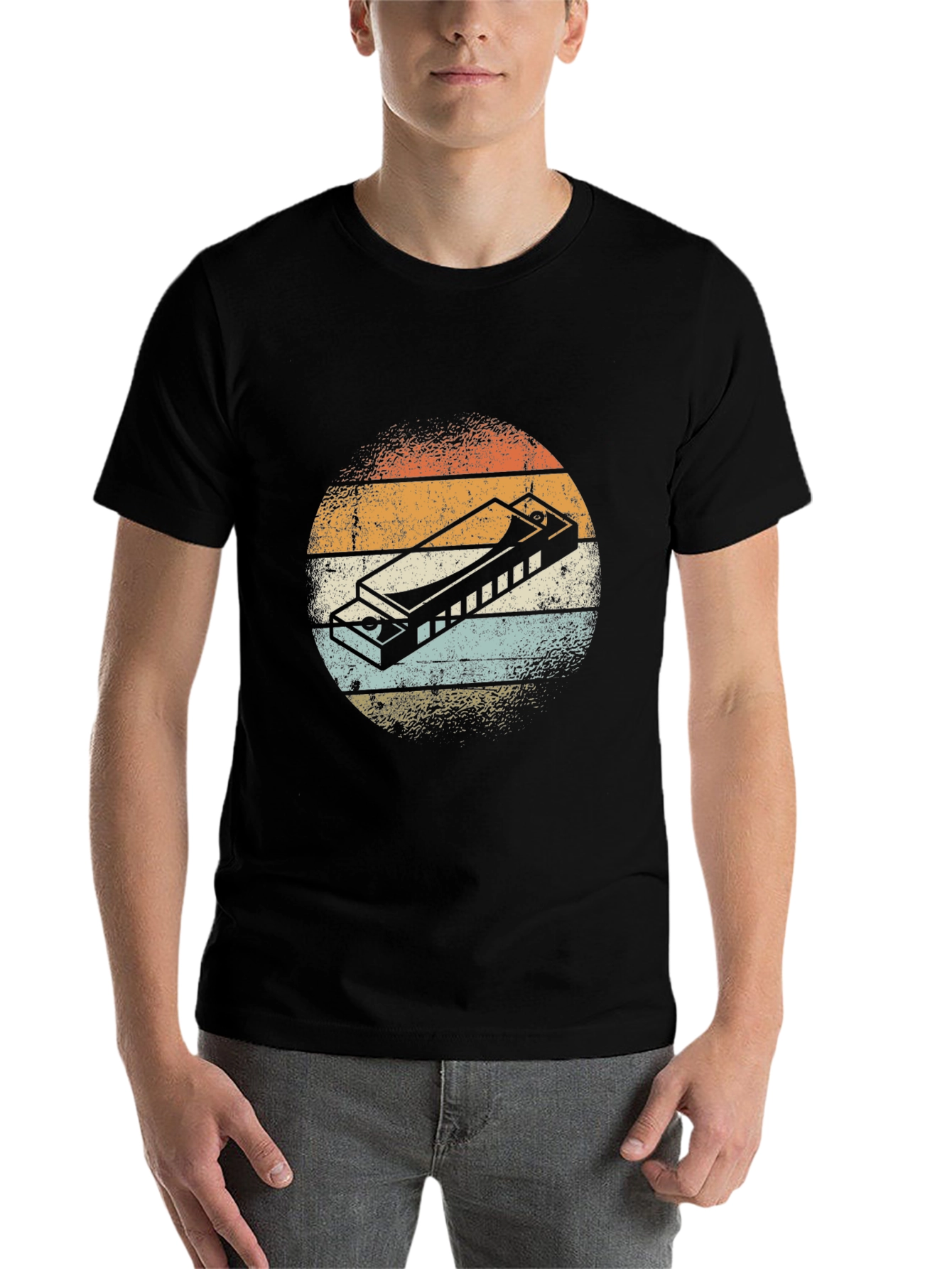 Black Vintage Harmonica Graphic Tee - Retro Music Lover Shirt view 7