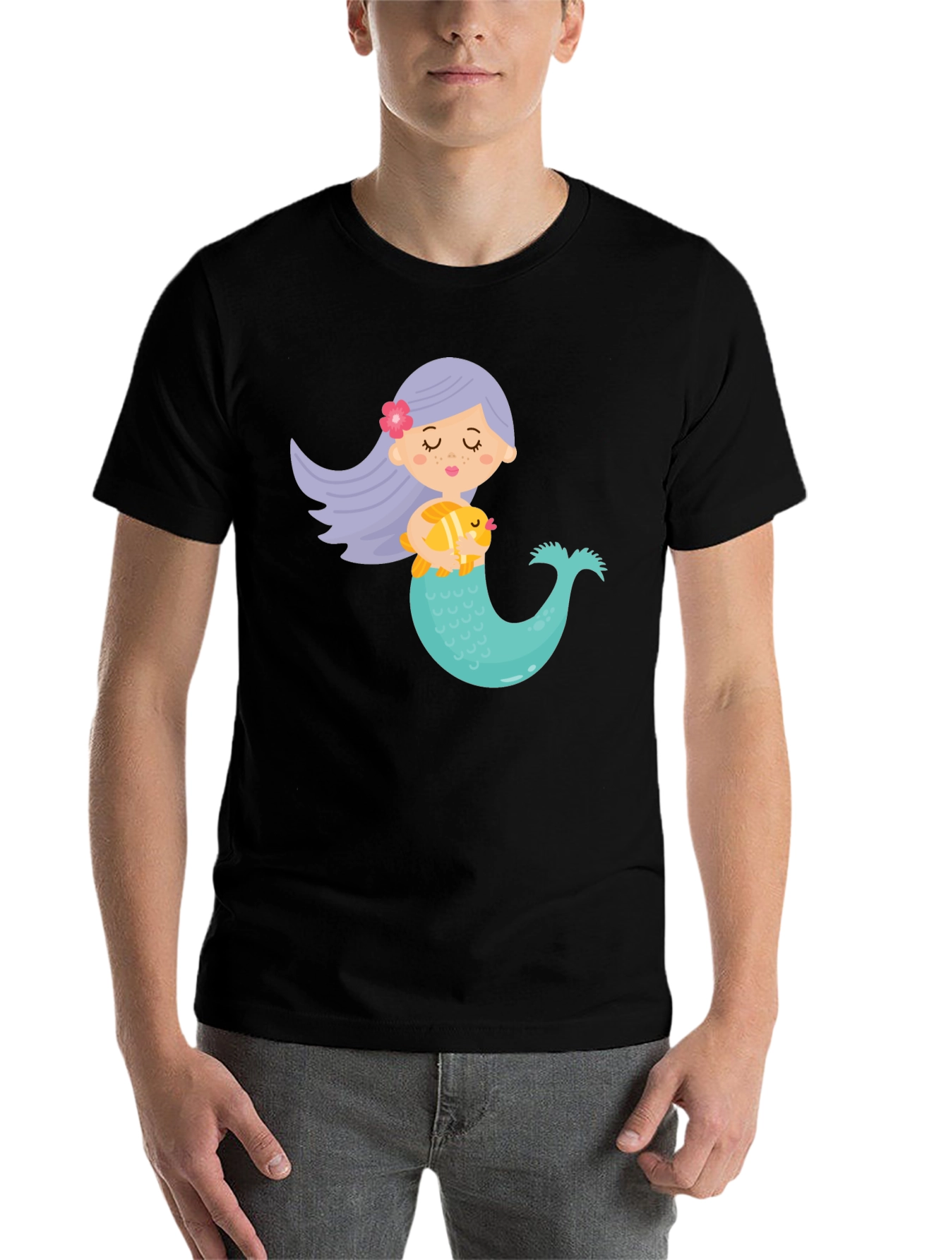 Black Cute Mermaid Graphic Tee - Black Unisex T-Shirt view 7