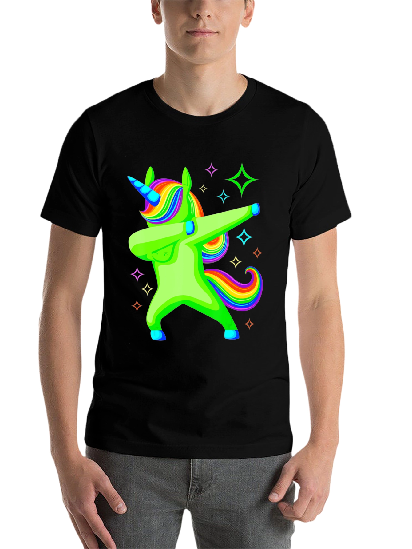 Black Dabbing Unicorn Graphic Tee - Rainbow Mane Black T-Shirt view 7